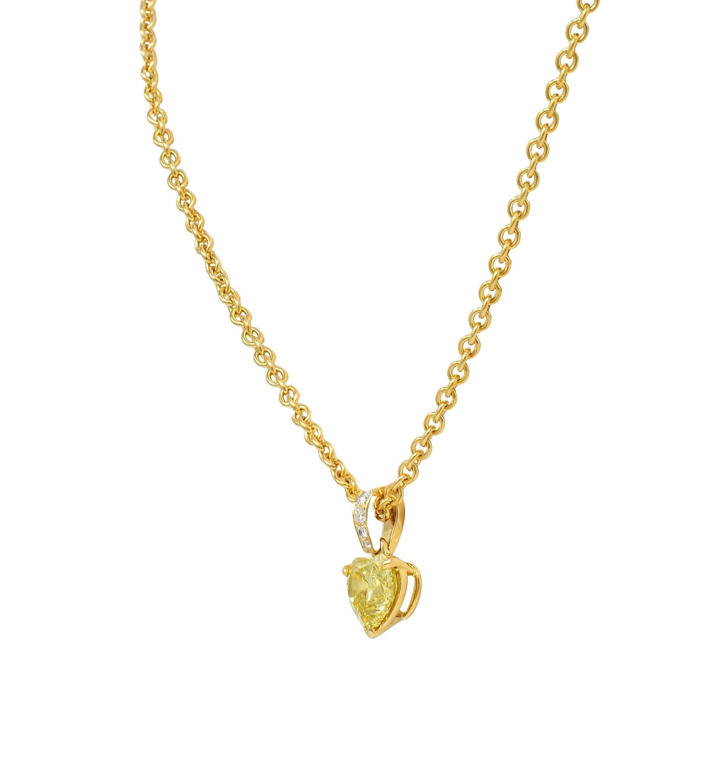 Cartier French 2.33 CTW Fancy Intense Yellow Heart Cut Diamond 18 Gold Necklace In Excellent Condition For Sale In Philadelphia, PA