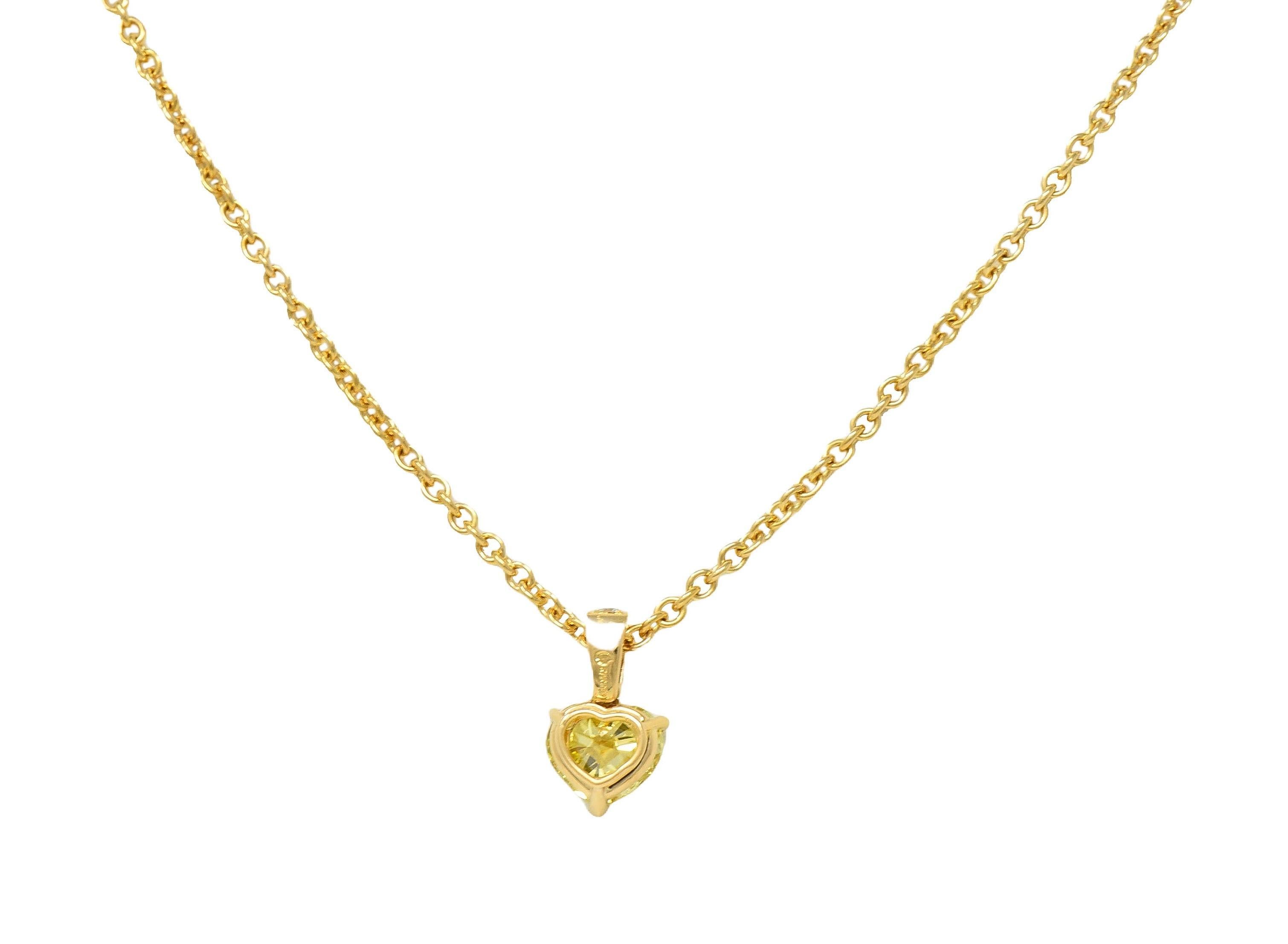Cartier French 2.33 CTW Fancy Intense Yellow Heart Cut Diamond 18 Gold Necklace For Sale 1