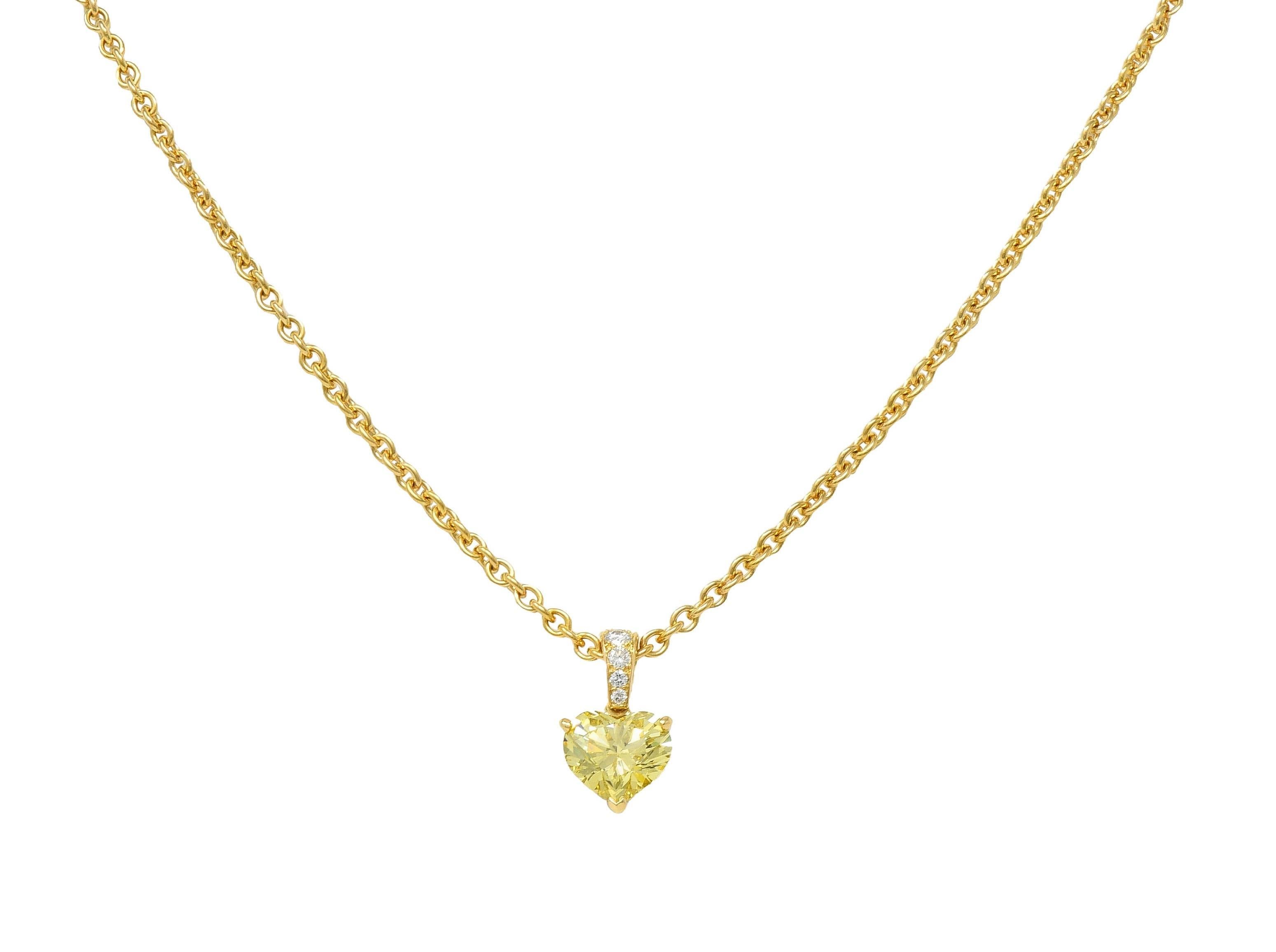 Cartier French 2.33 CTW Fancy Intense Yellow Heart Cut Diamond 18 Gold Necklace For Sale 2