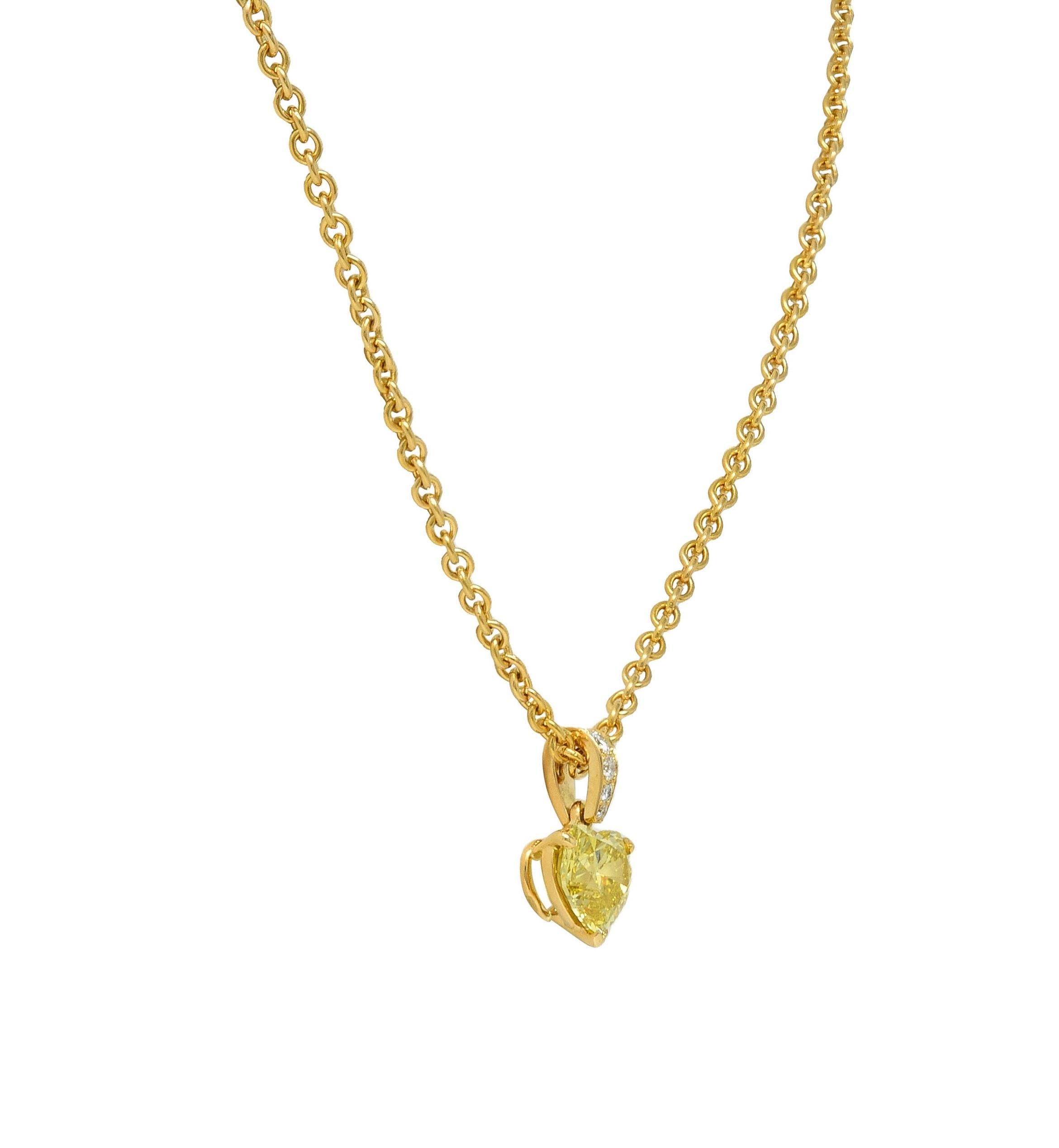 Cartier French 2.33 CTW Fancy Intense Yellow Heart Cut Diamond 18 Gold Necklace For Sale 3