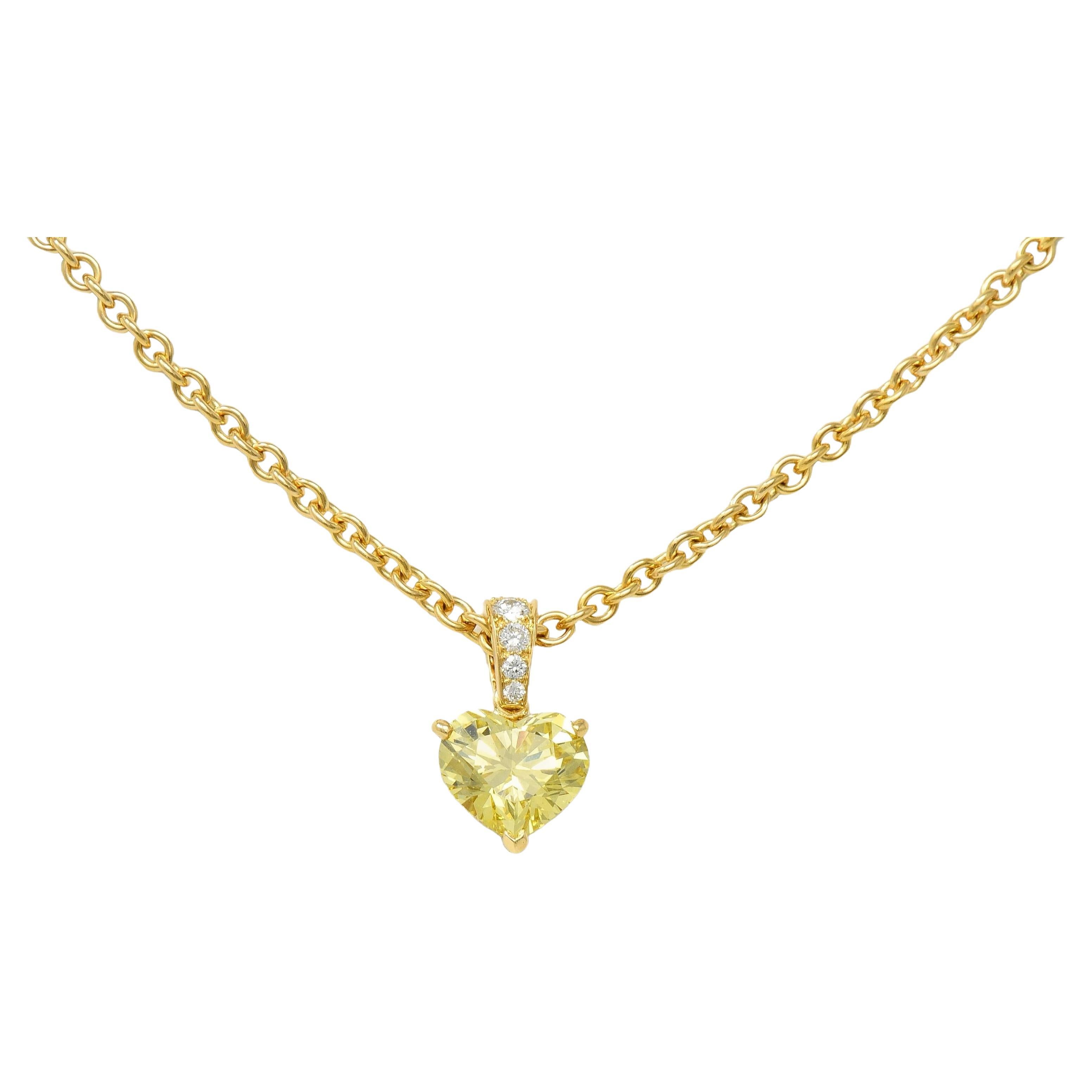 Cartier French 2.33 CTW Fancy Intense Yellow Heart Cut Diamond 18 Gold Necklace For Sale