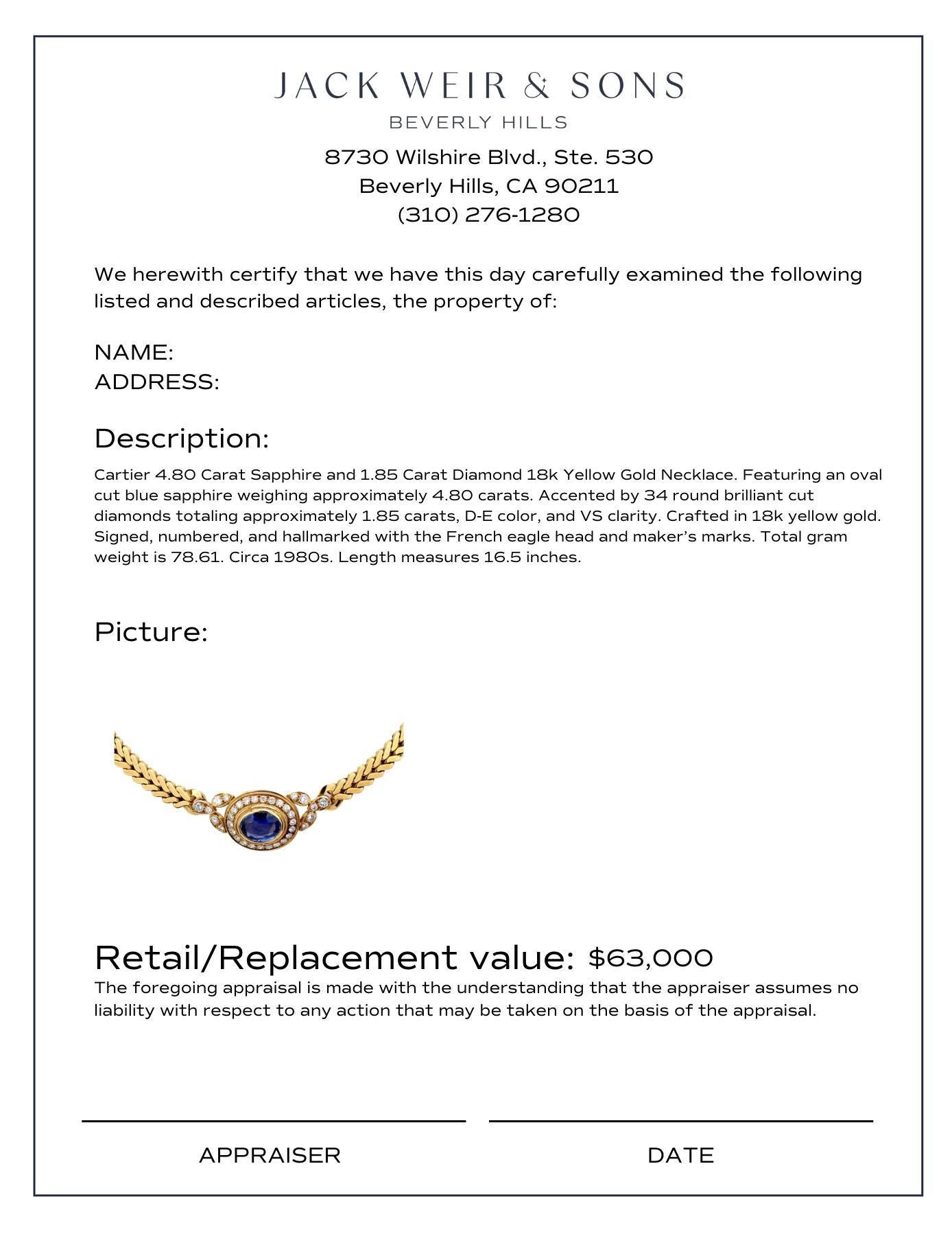 Modern Cartier French 4.80 carat sapphire diamond 18k yellow gold necklace