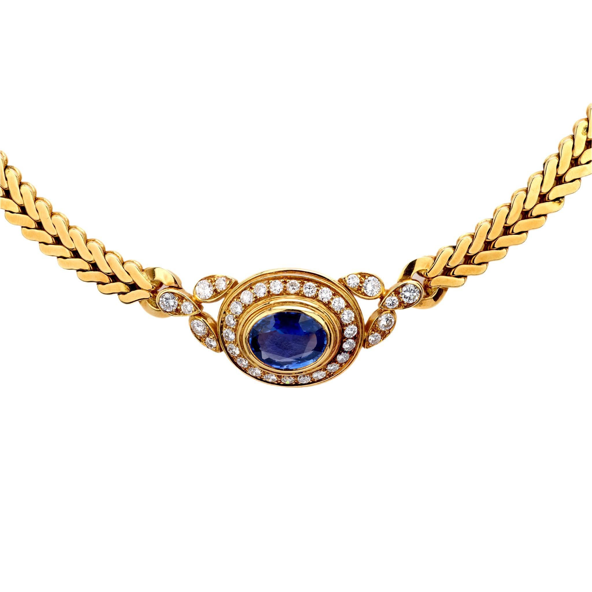 Oval Cut Cartier French 4.80 carat sapphire diamond 18k yellow gold necklace