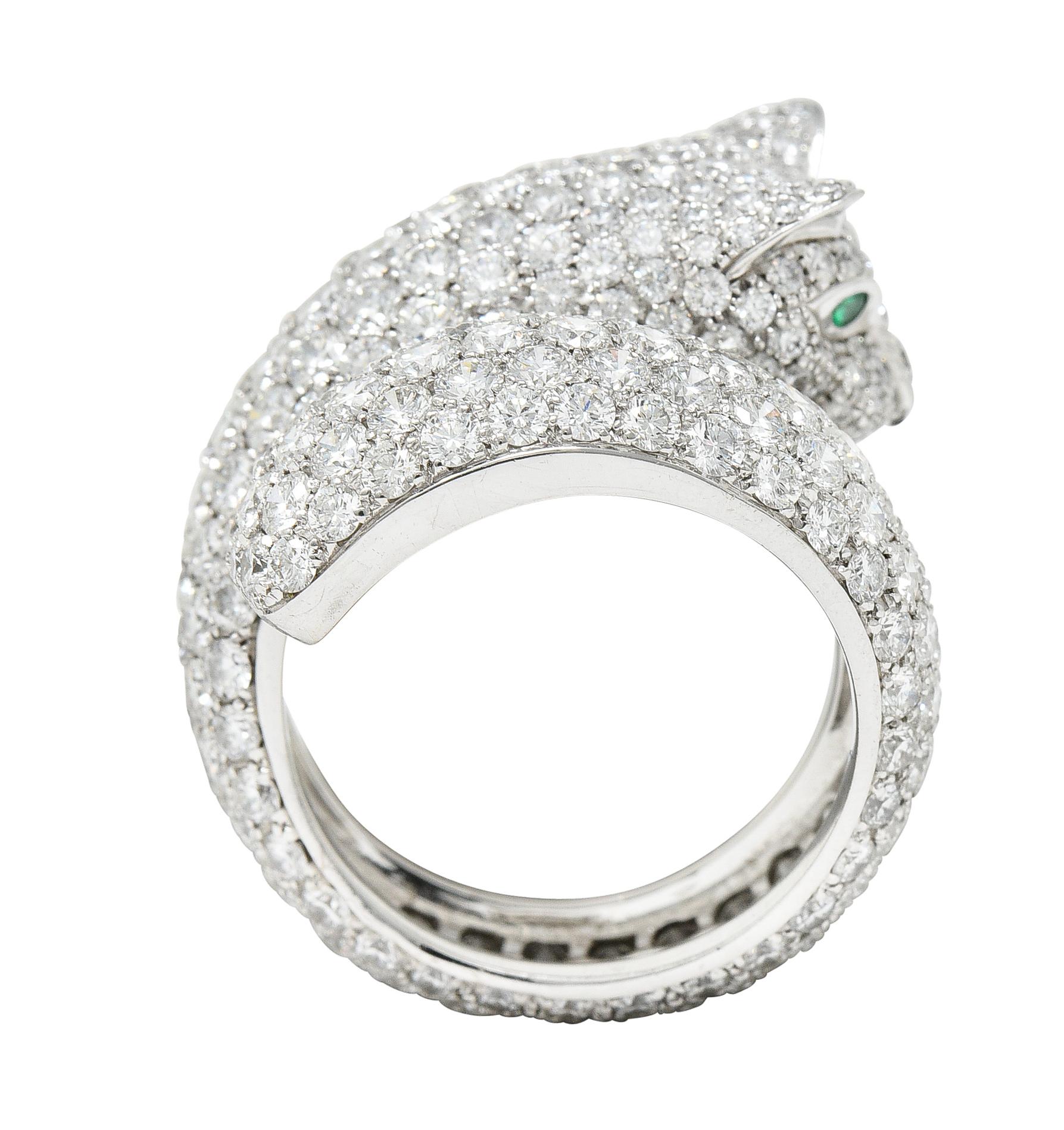 Cartier French 6.57 CTW Diamond Emerald 18 Karat White Gold Panthere Bypass Ring 5