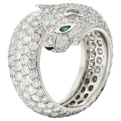 Cartier French 6.57 CTW Diamond Emerald 18 Karat White Gold Panthere Bypass Ring