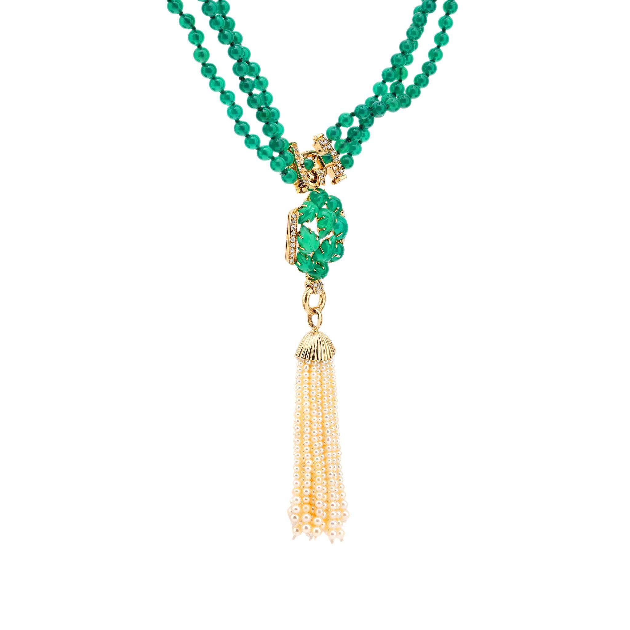 Modern Cartier French chrysoprase pearl diamond 18k yellow gold necklace