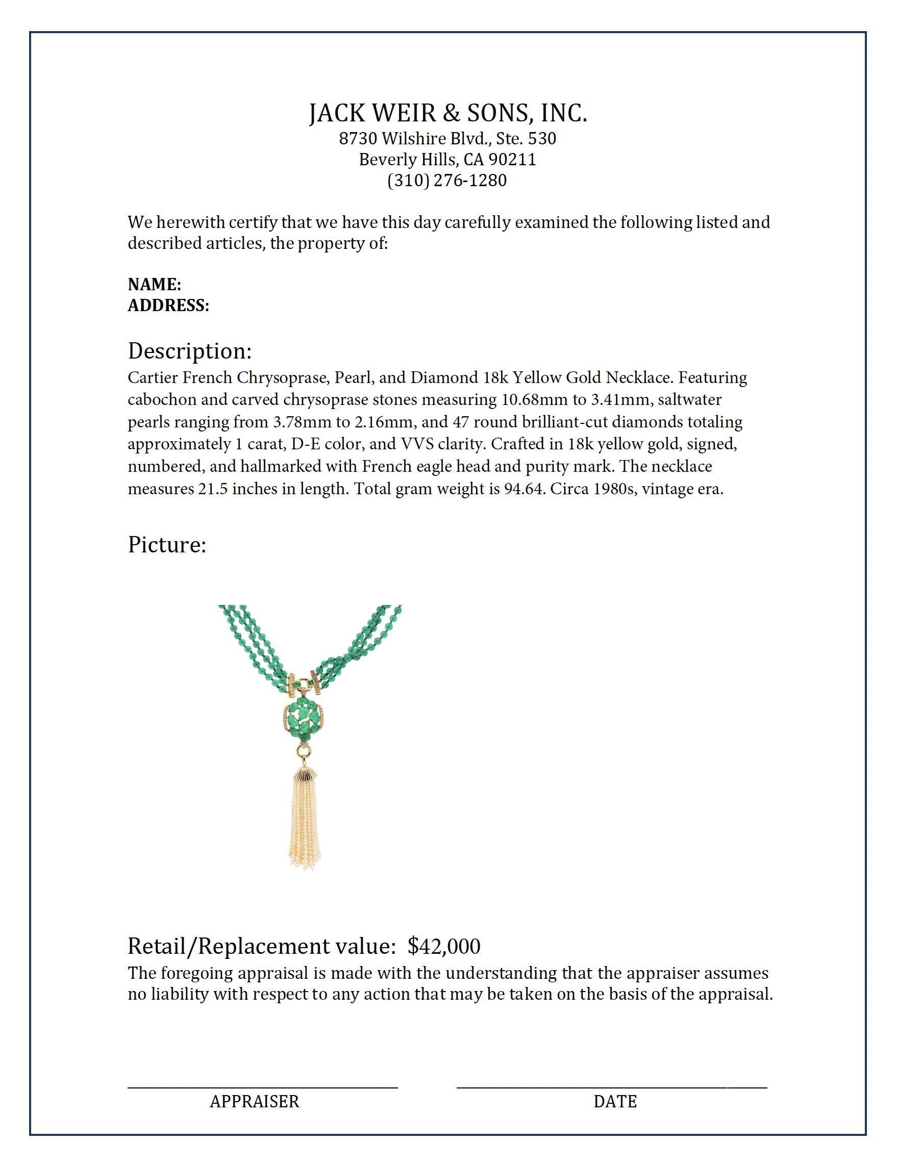 Cartier French chrysoprase pearl diamond 18k yellow gold necklace In Excellent Condition In Beverly Hills, CA