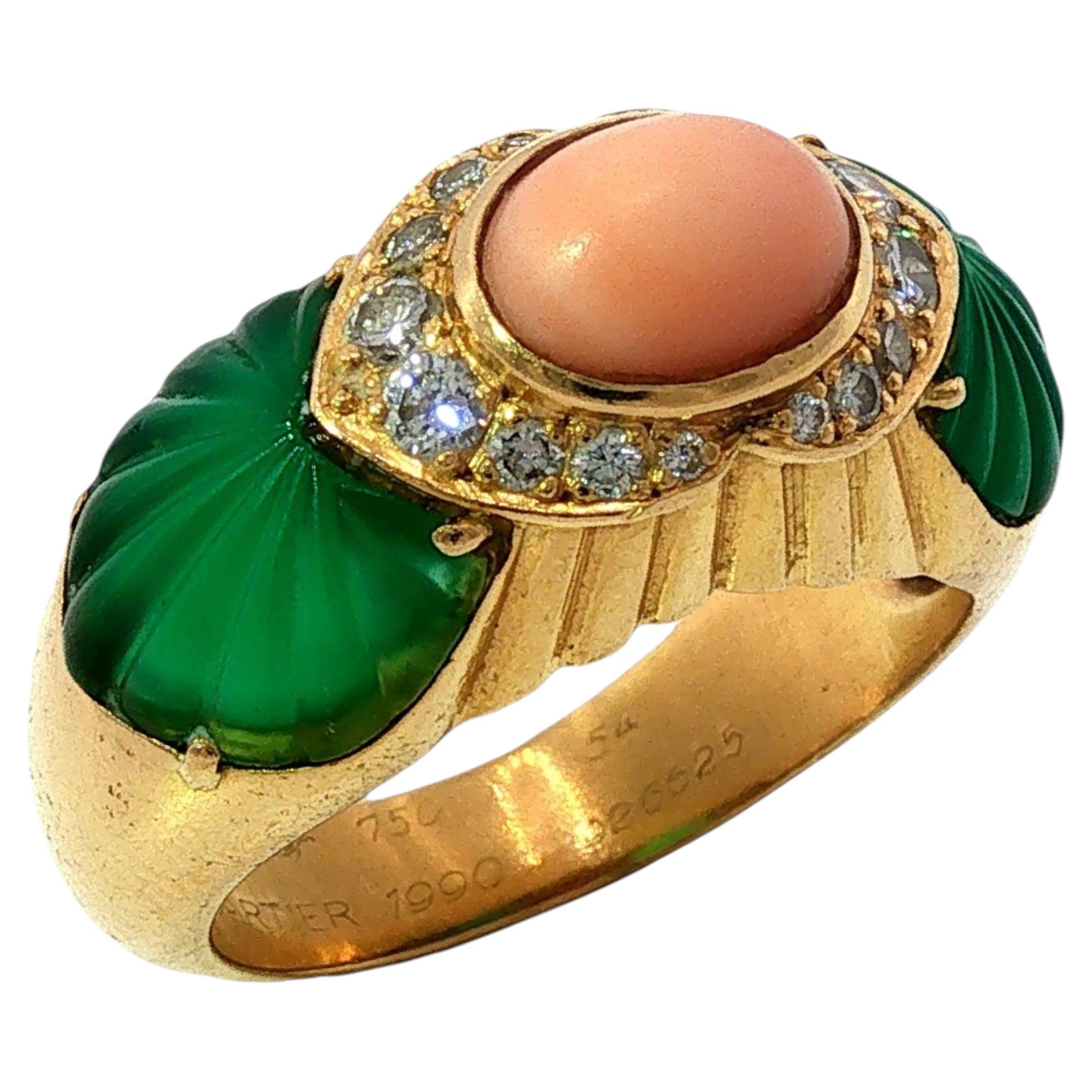 Cartier French Coral Chrysoprase Ring Diamond Accented 18K Yellow Gold 1990s For Sale