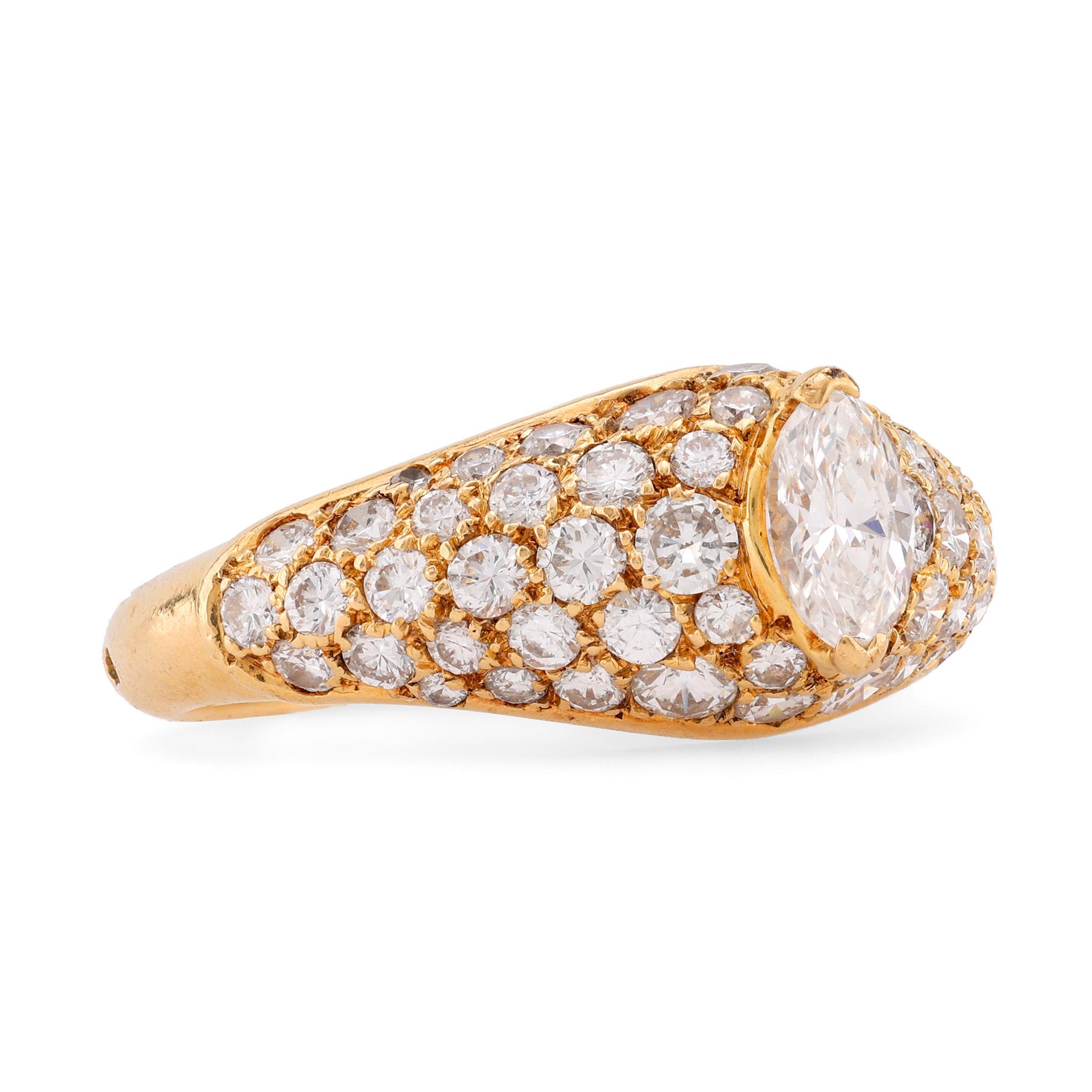 Modern Cartier French Diamond 18K Yellow Gold Marquise Pave Engagement Ring
