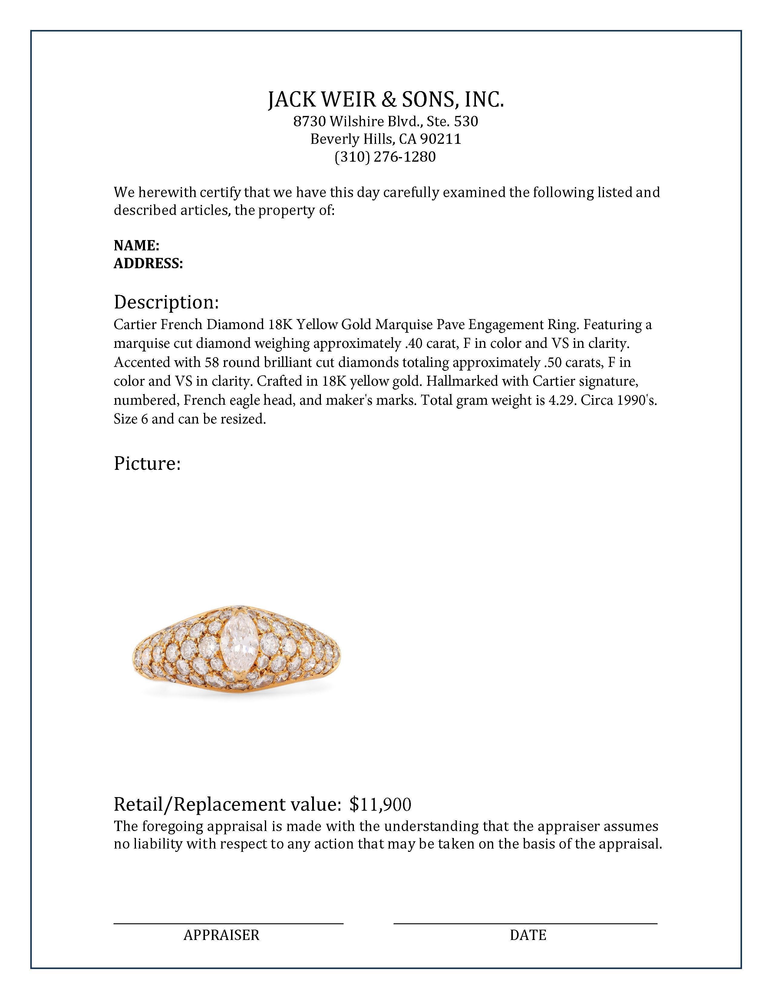 Cartier French Diamond 18K Yellow Gold Marquise Pave Engagement Ring In Excellent Condition In Beverly Hills, CA