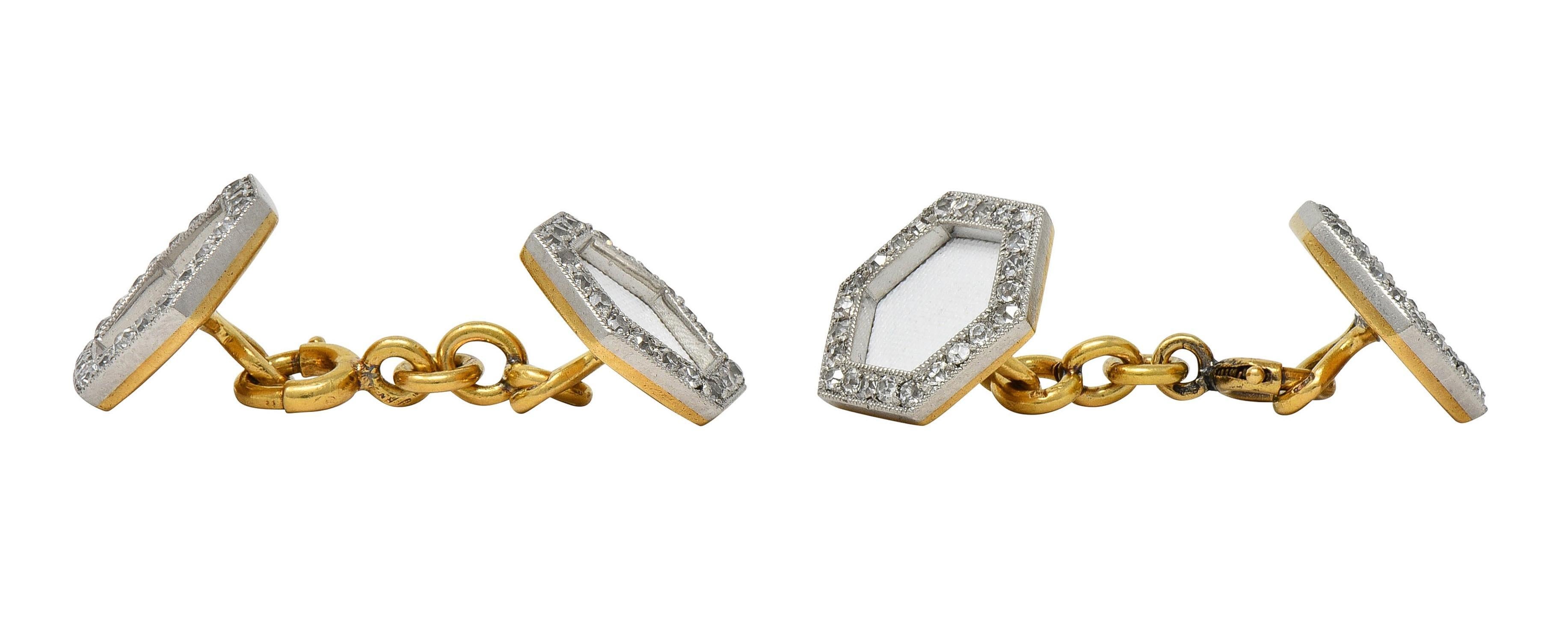 Cartier French Edwardian Parure de boutons de manchette anciens en or 18 carats, platine et diamants en vente 5