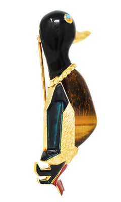 Cartier French Enamel Tiger's Eye Turquoise 18 Karat Yellow Gold Duck Brooch