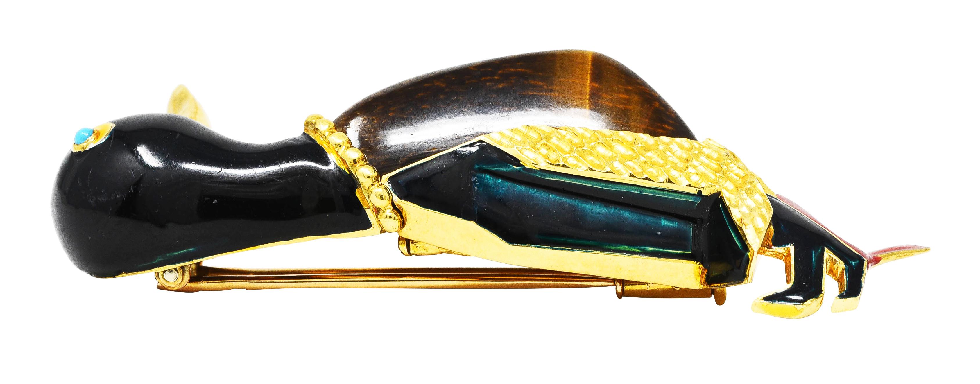 Cartier French Enamel Tiger's Eye Turquoise 18 Karat Yellow Gold Duck Brooch In Excellent Condition In Philadelphia, PA