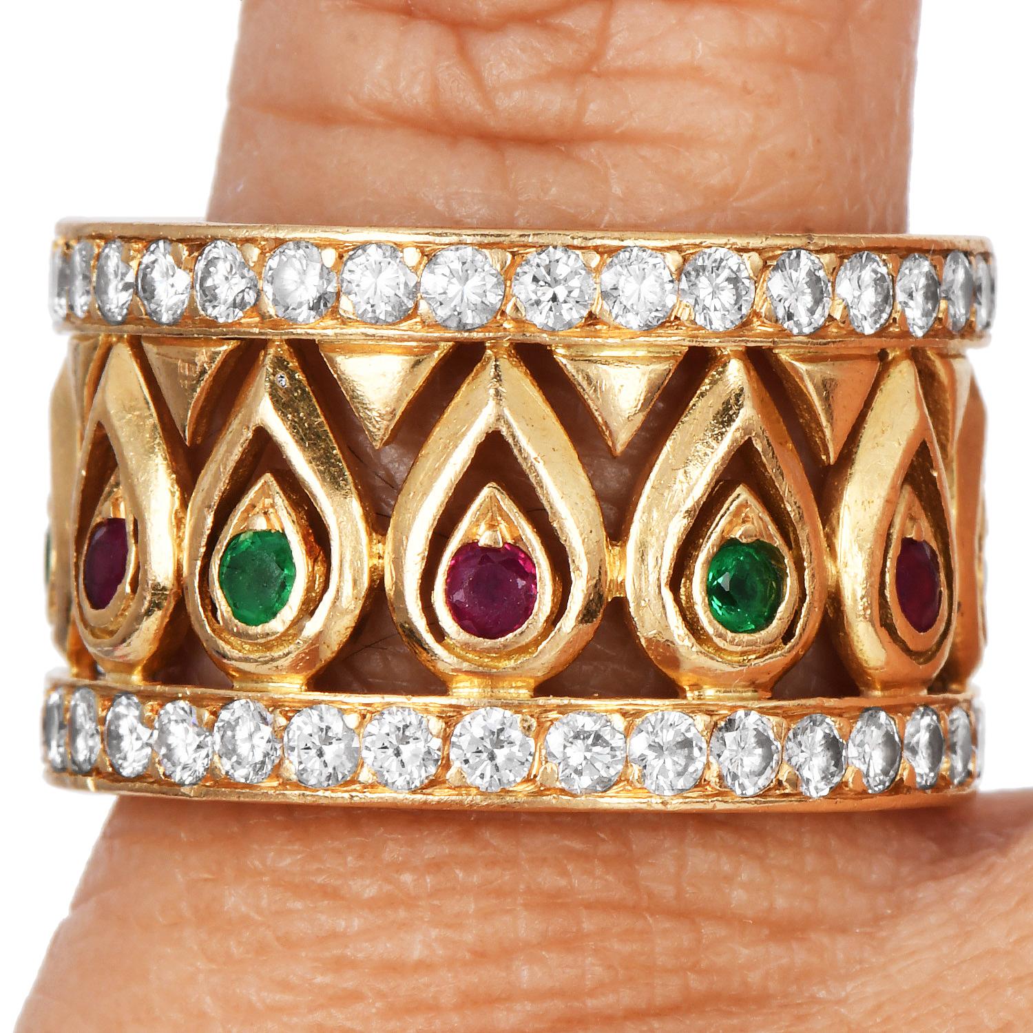Cartier French Tanjore Diamond Ruby Emerald 18K Ring For Sale 4