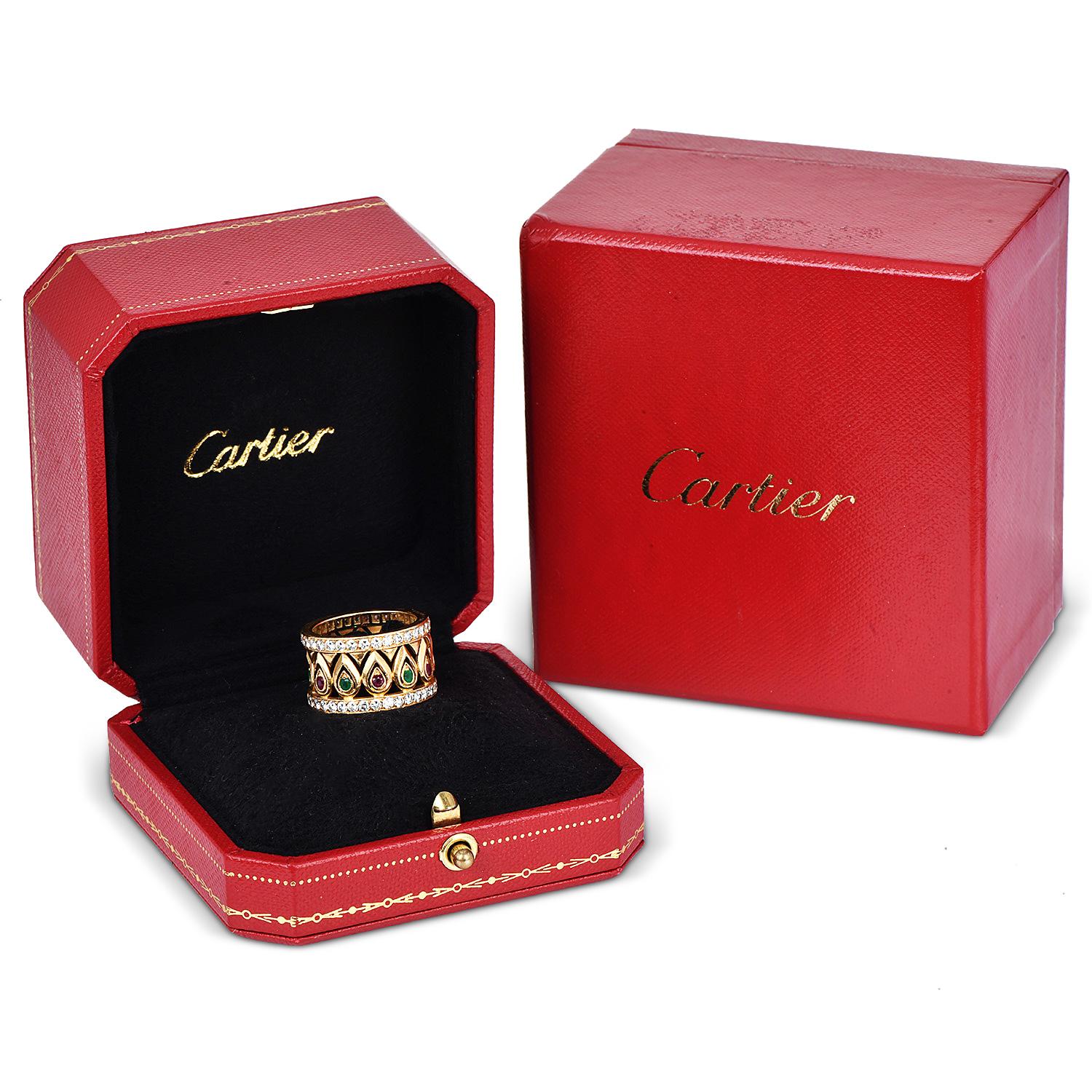 Cartier French Tanjore Diamond Ruby Emerald 18K Ring For Sale 7