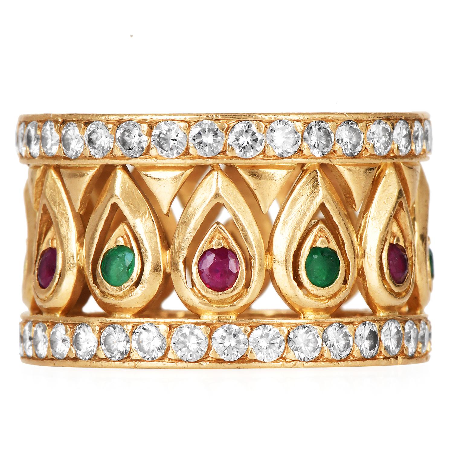 Round Cut Cartier French Tanjore Diamond Ruby Emerald 18K Ring For Sale
