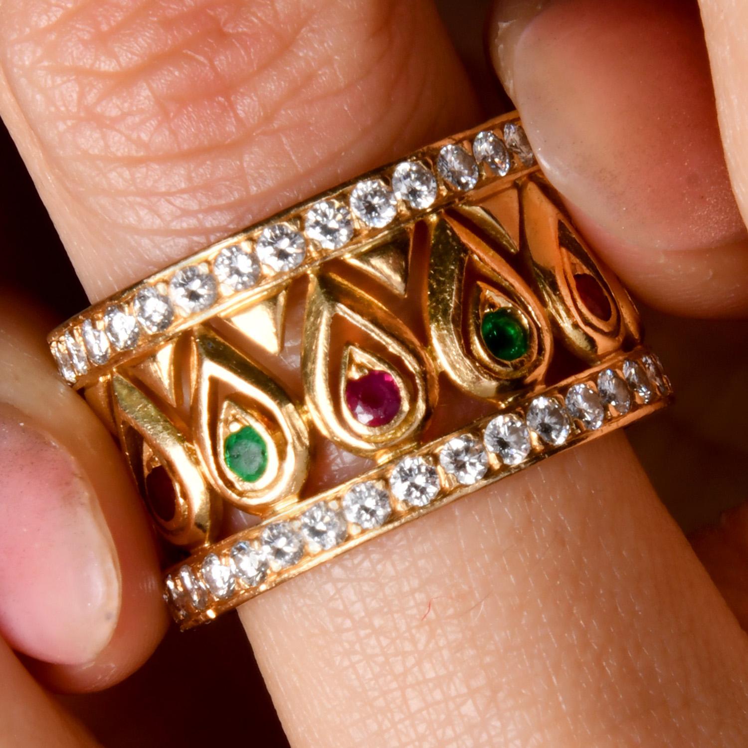 Cartier French Tanjore Diamond Ruby Emerald 18K Ring In Excellent Condition For Sale In Miami, FL
