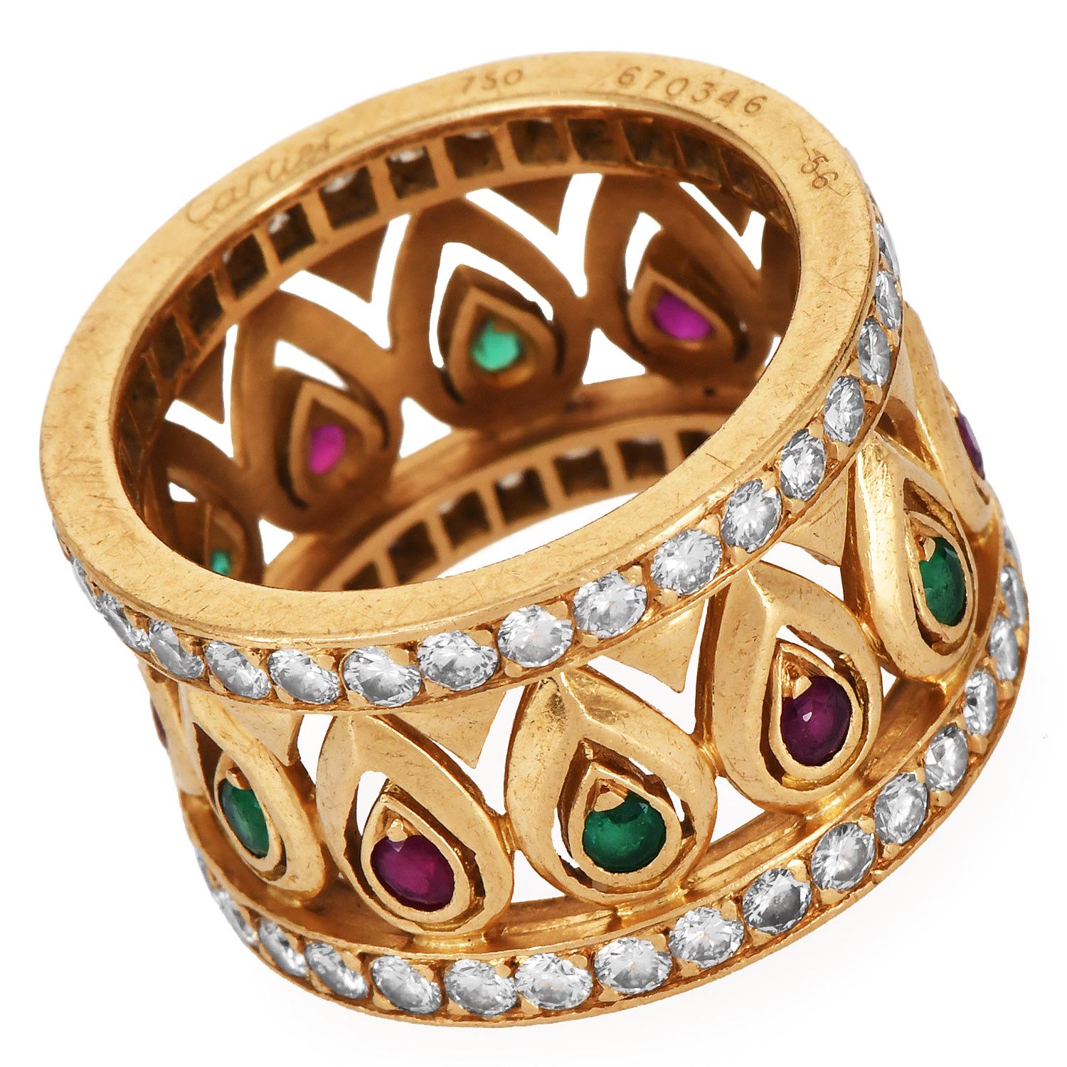 Women's Cartier French Tanjore Diamond Ruby Emerald 18K Ring For Sale