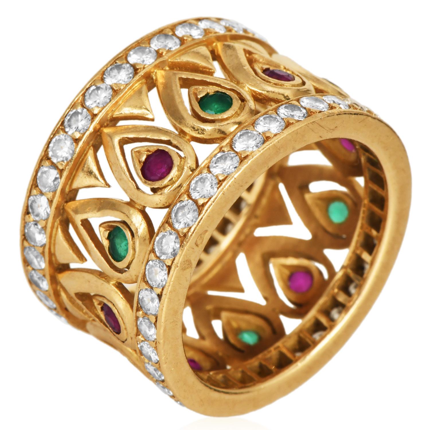 Cartier French Tanjore Diamond Ruby Emerald 18K Ring For Sale 1