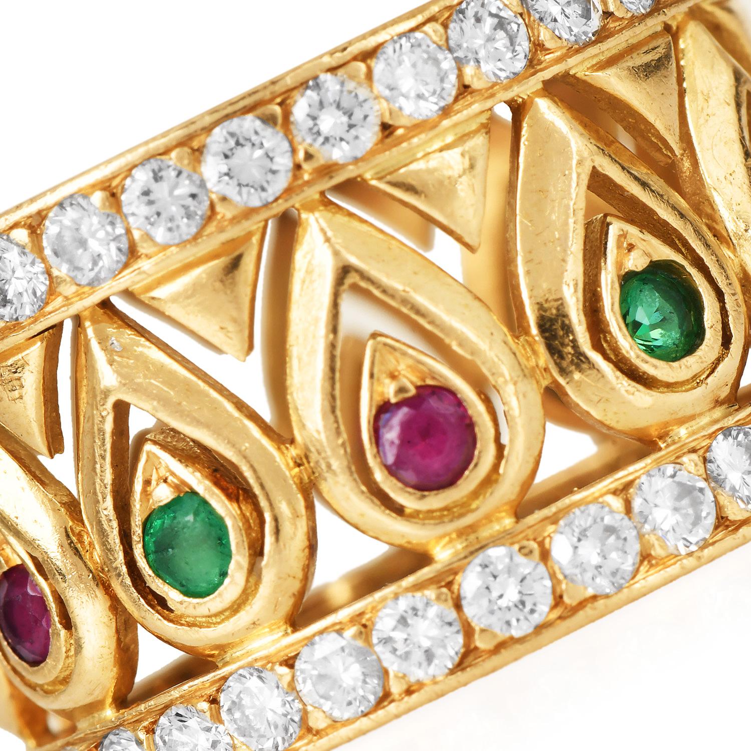 Cartier French Tanjore Diamond Ruby Emerald 18K Ring For Sale 3