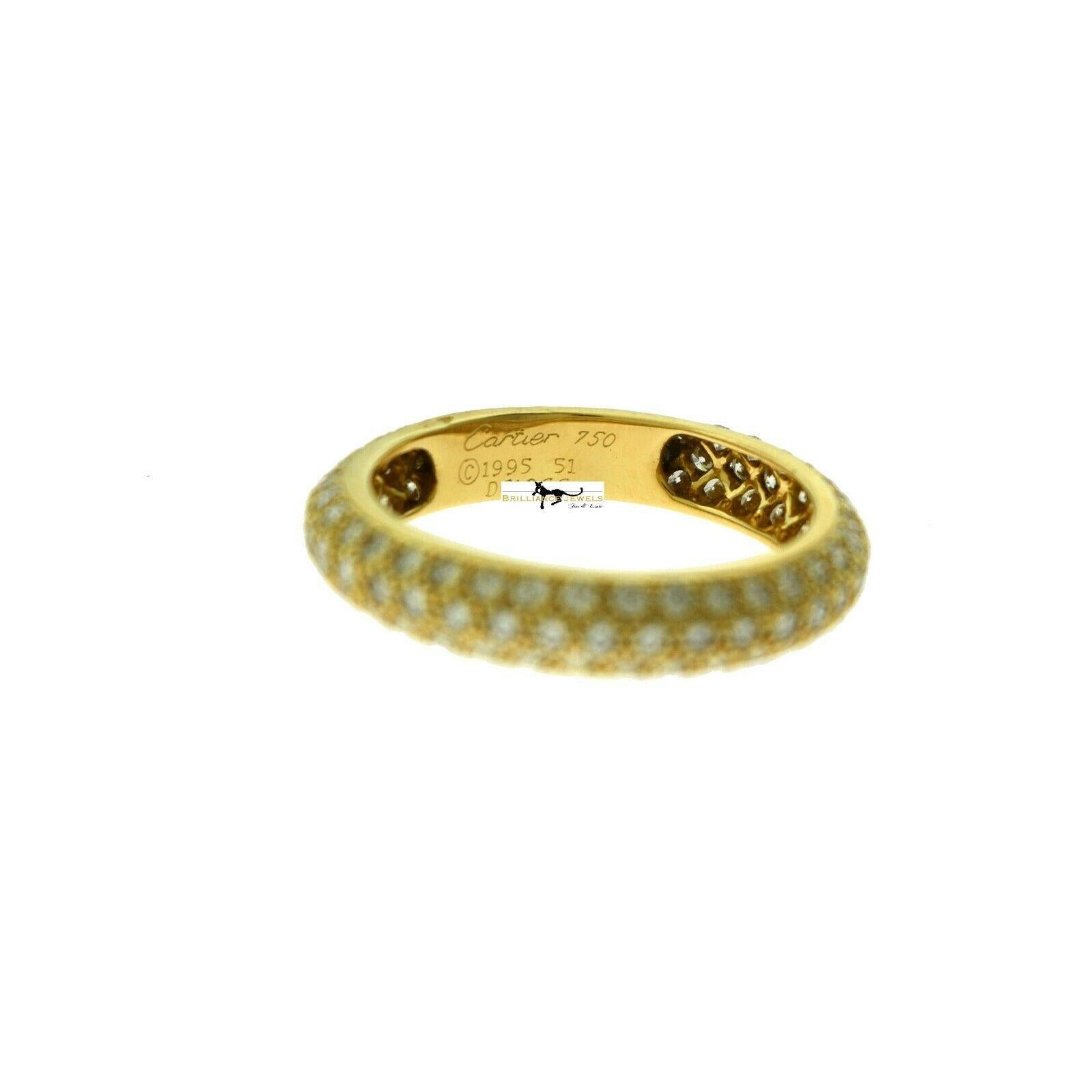 Round Cut Cartier French Three-Row Diamond Eternity 18 Karat Yellow Gold Band Ring