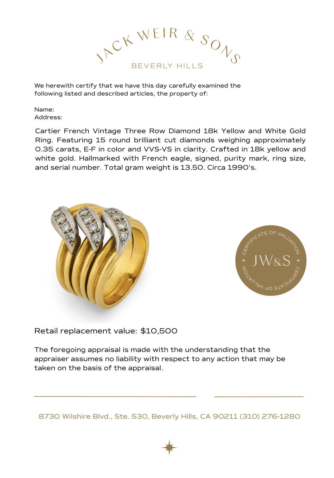 Cartier Französisch Jahrgang drei Zeile Diamant 18k Gelb-und Weißgold Ring im Angebot 1