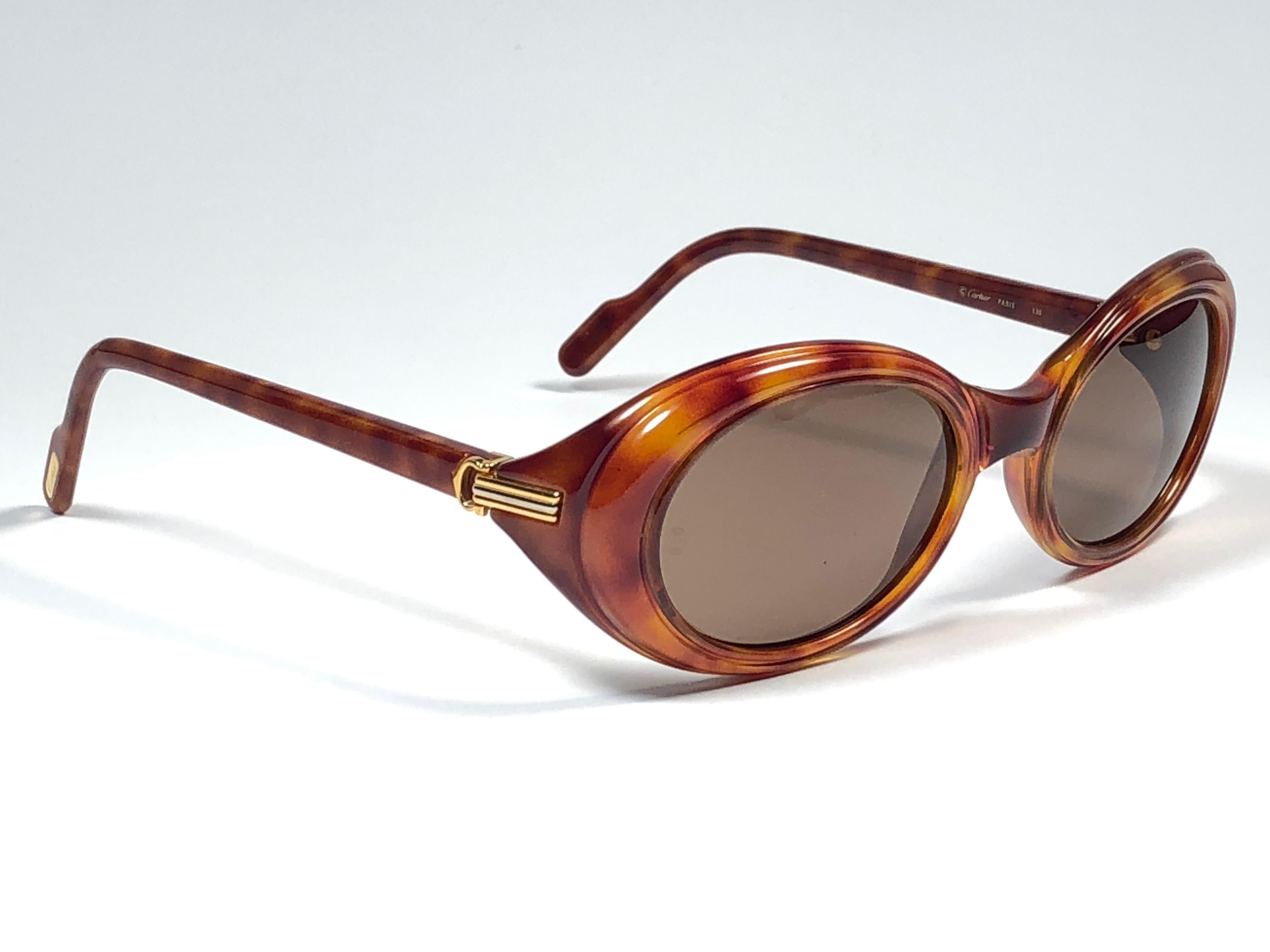 Gray Cartier Frisson Tortoise 8k Gold Plated Accents 1990 Sunglasses 53mm France