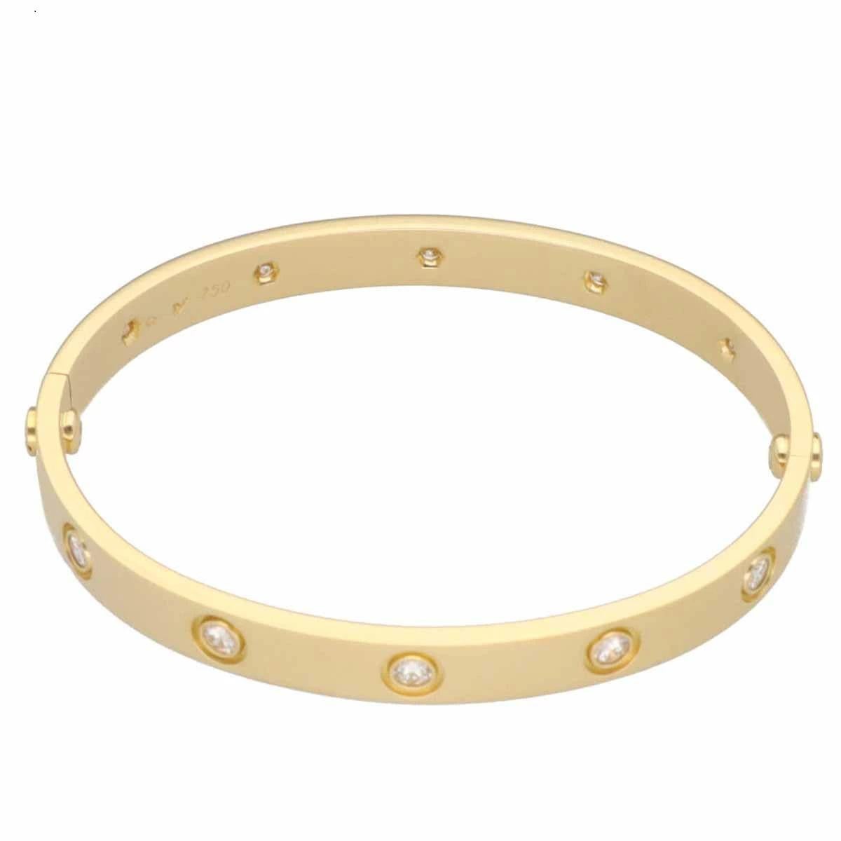 Round Cut Cartier Full 10P Diamonds Love Bracelet 18K Yellow Gold Size 17 For Sale