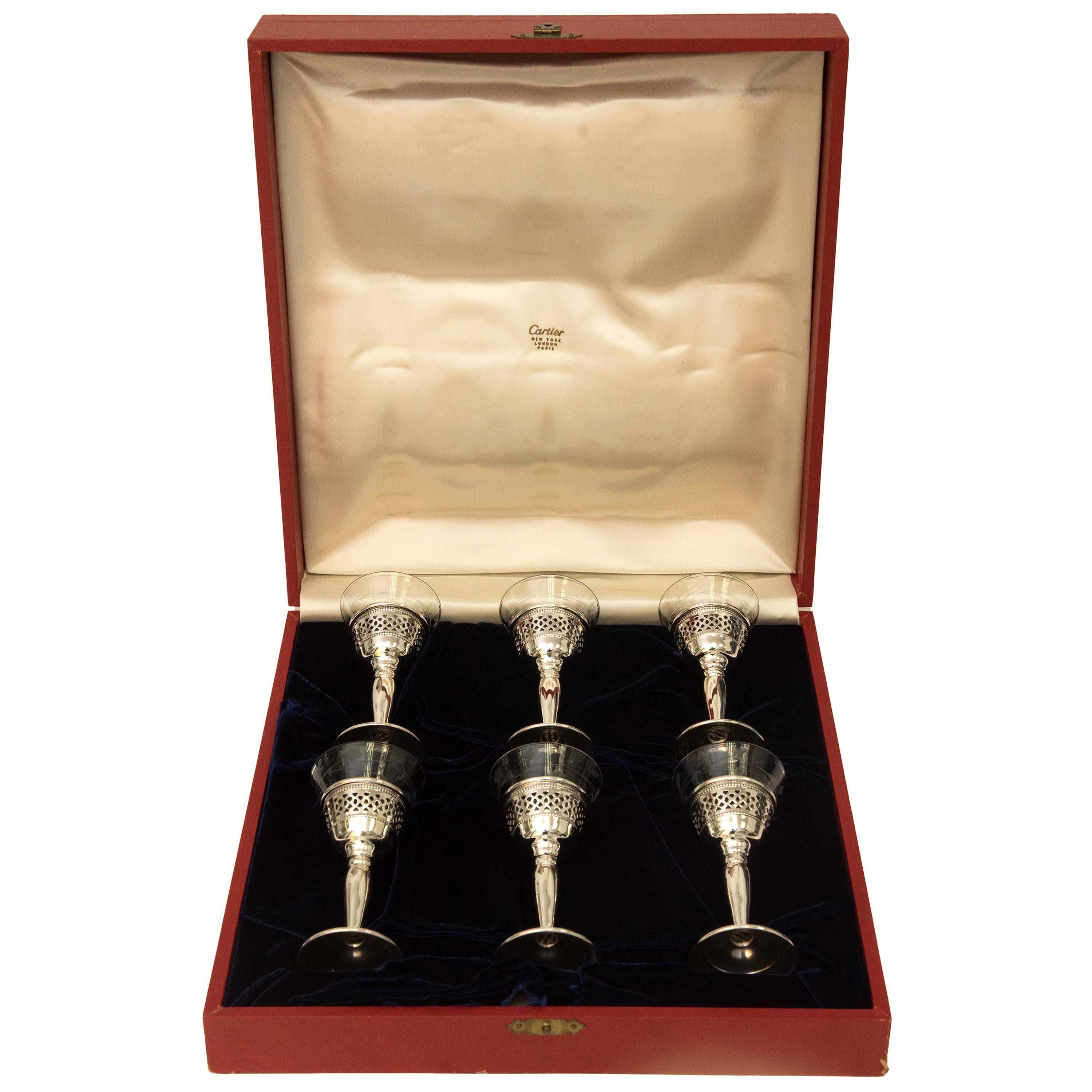 Cartier Full Set of Crystal & Sterling Silver Cordial Glasses with Original Box