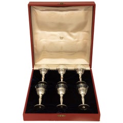Ensemble complet de verres à cordial de Cartier en cristal & en argent sterling avec boîte originale