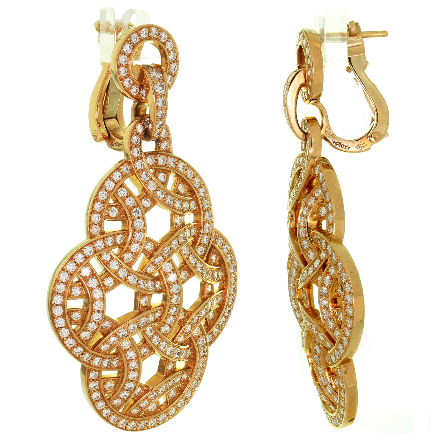 Brilliant Cut Cartier Galanterie Paris Nouvelle Vague Diamond Rose Gold Earrings. Papers