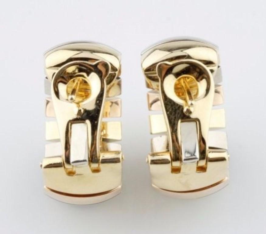Cartier Gas Pipe Style 18 Karat Gold Tri-Color Clip Hoop Earrings In Excellent Condition For Sale In Sherman Oaks, CA