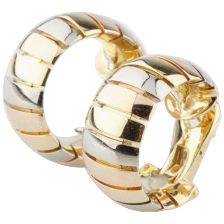 Cartier Gas Pipe Style 18 Karat Gold Tri-Color Clip Hoop Earrings For Sale