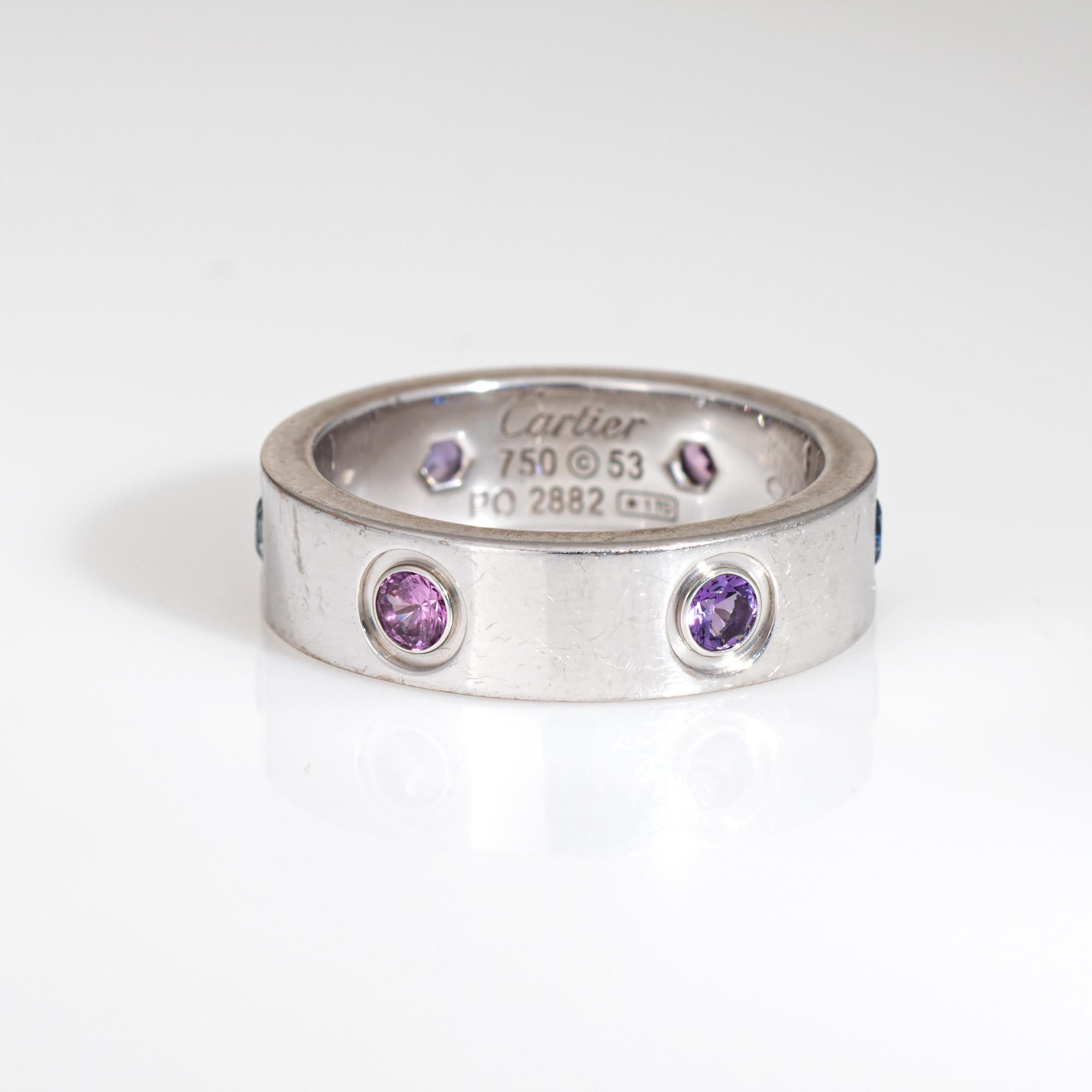 Round Cut Cartier Gemstone Love Ring 53 Sz 6.25 18k White Gold Sapphire Spinel Aquamarine For Sale
