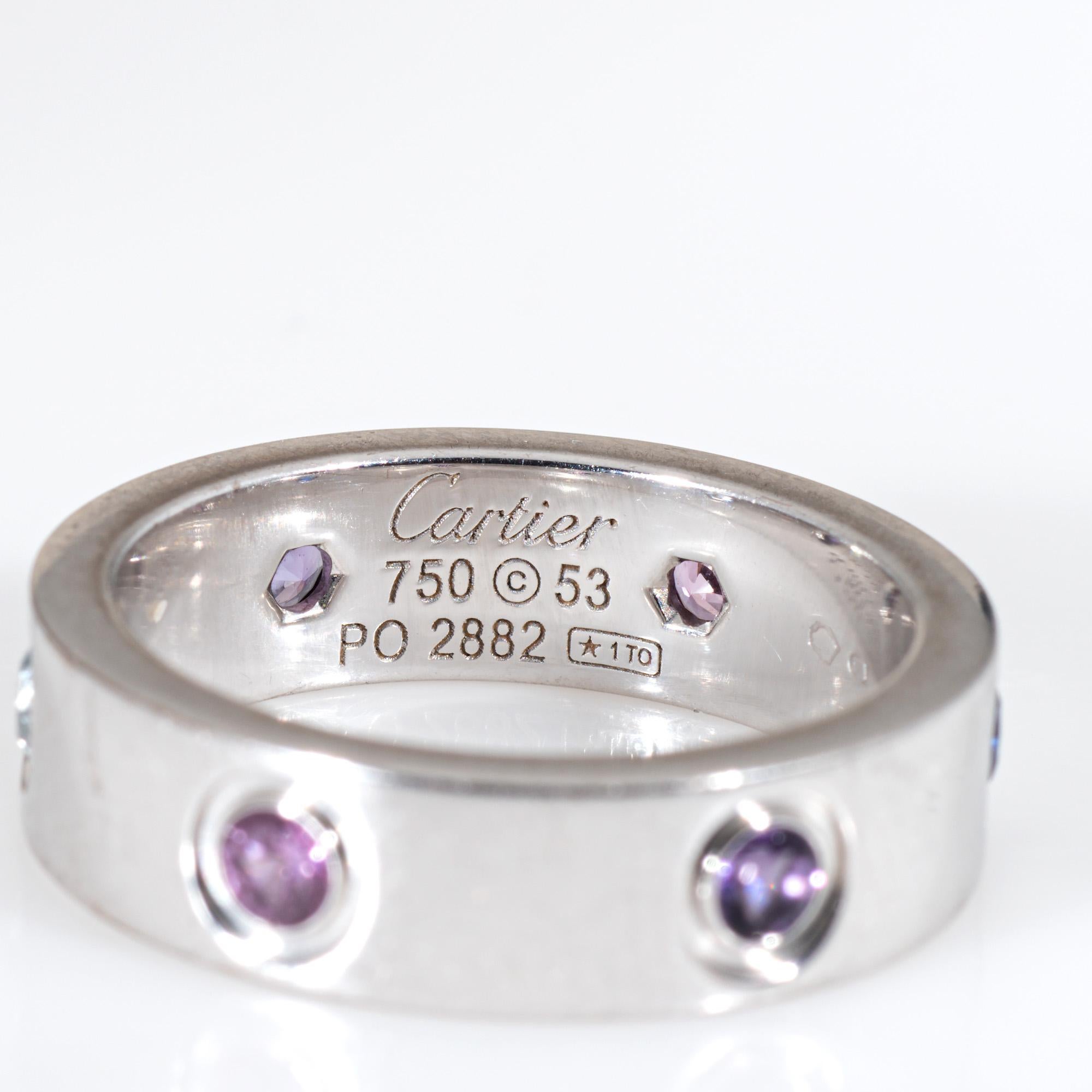 Women's Cartier Gemstone Love Ring 53 Sz 6.25 18k White Gold Sapphire Spinel Aquamarine For Sale
