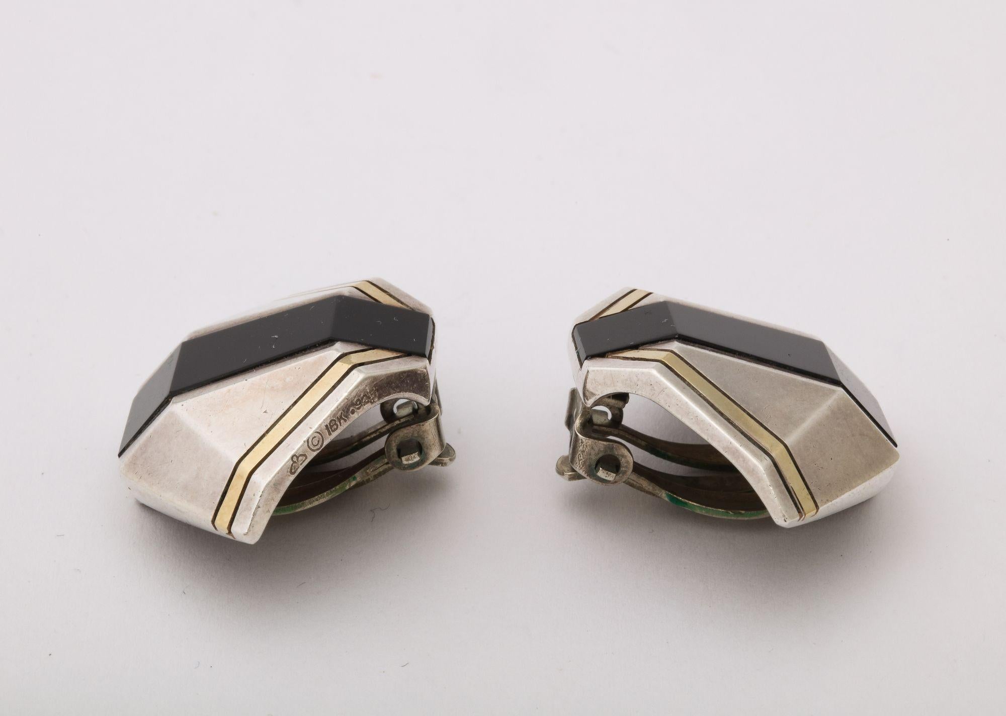Cartier Geometric Sterling, Onyx and 18 k Gold Clip Earrings For Sale 5