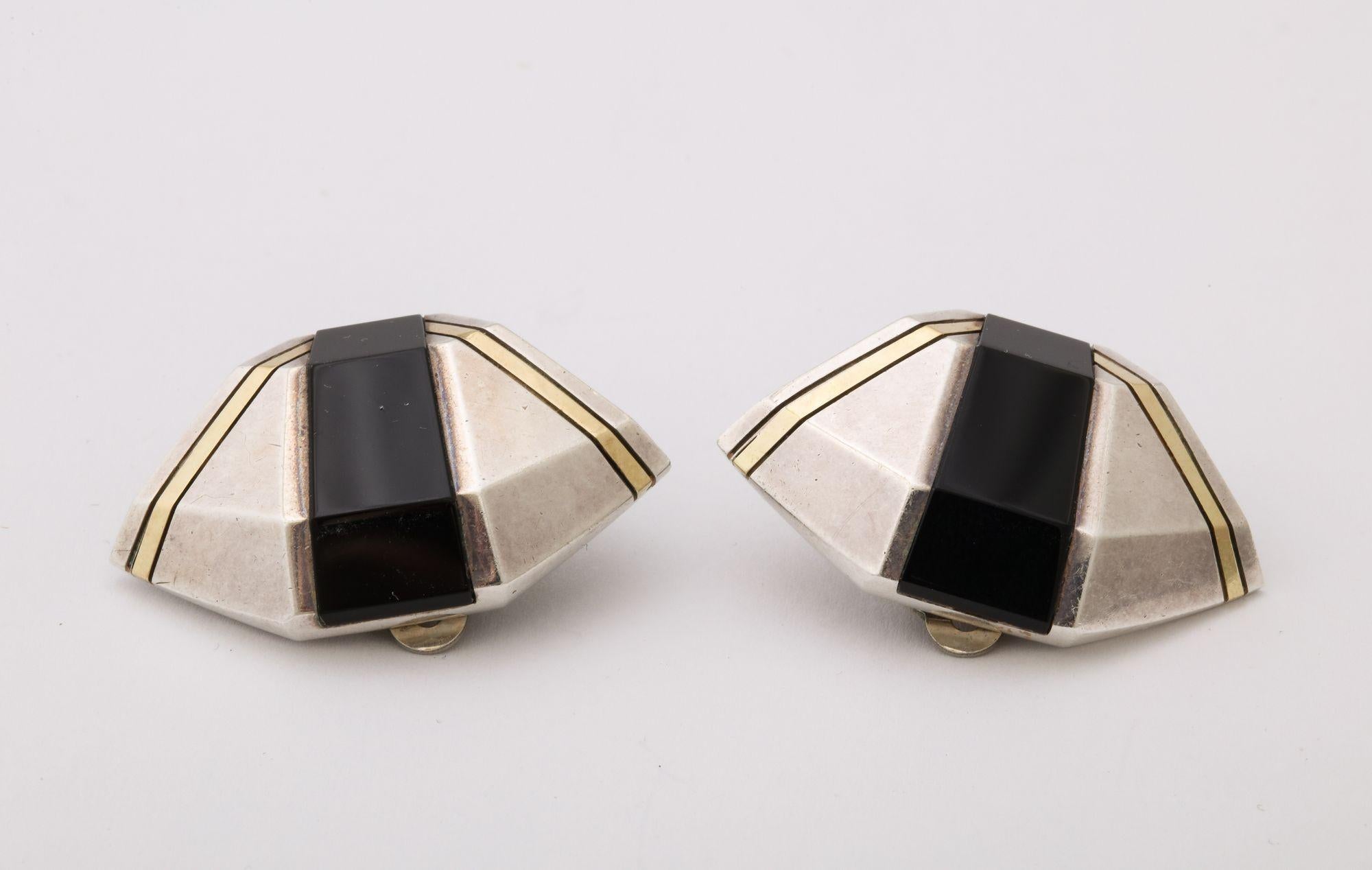 Cartier Geometric Sterling, Onyx and 18 k Gold Clip Earrings For Sale 6
