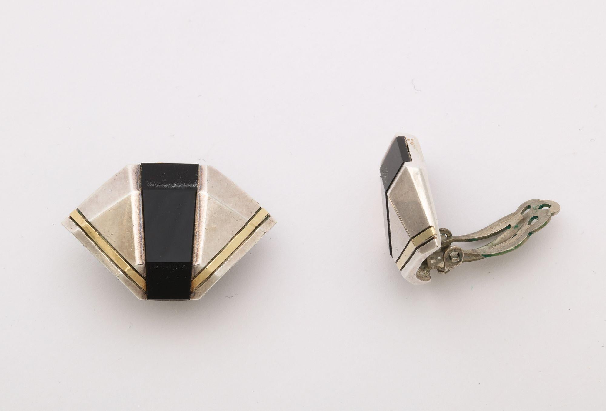 Modernist Cartier Geometric Sterling, Onyx and 18 k Gold Clip Earrings For Sale