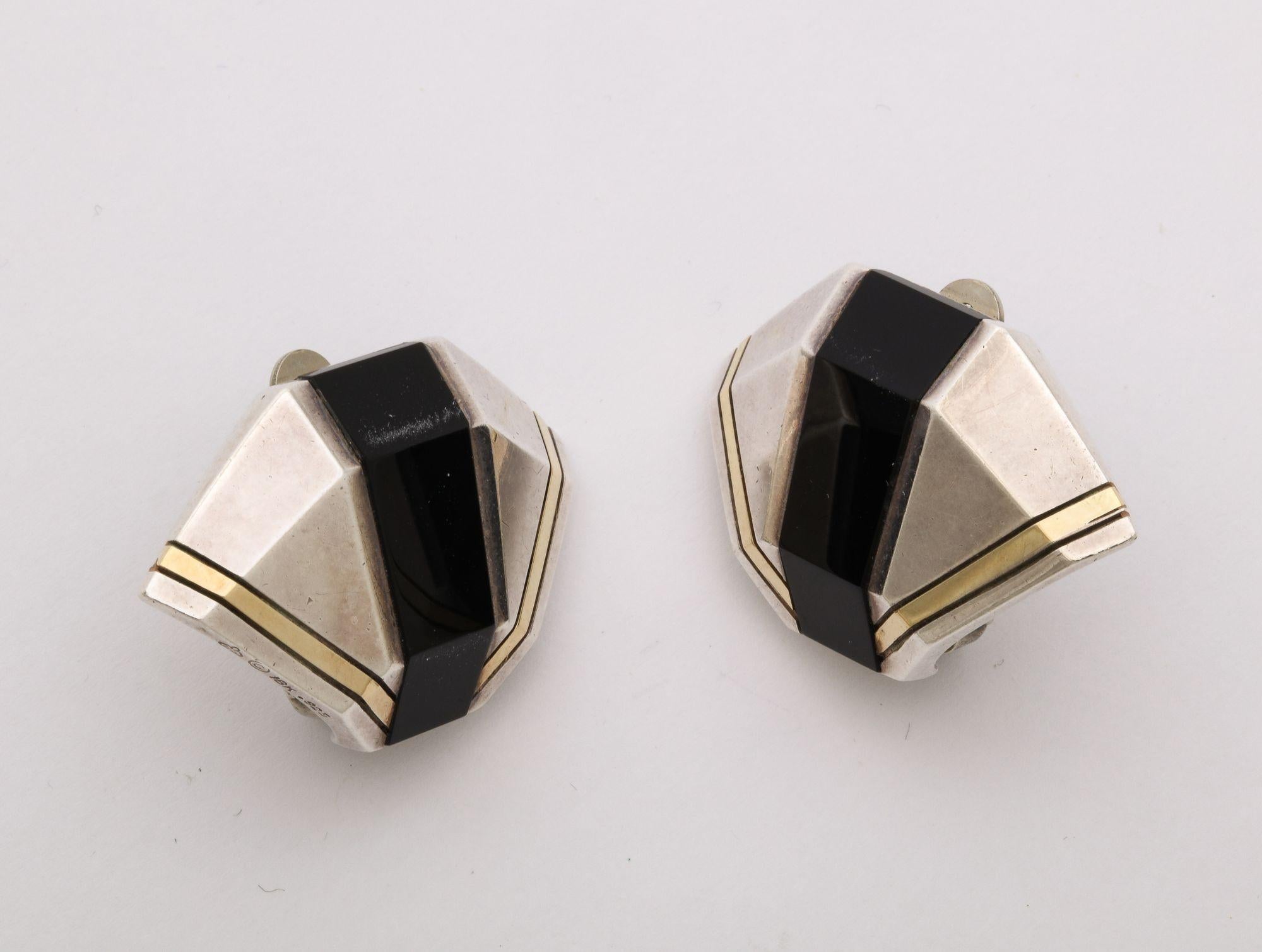 Sugarloaf Cabochon Cartier Geometric Sterling, Onyx and 18 k Gold Clip Earrings For Sale