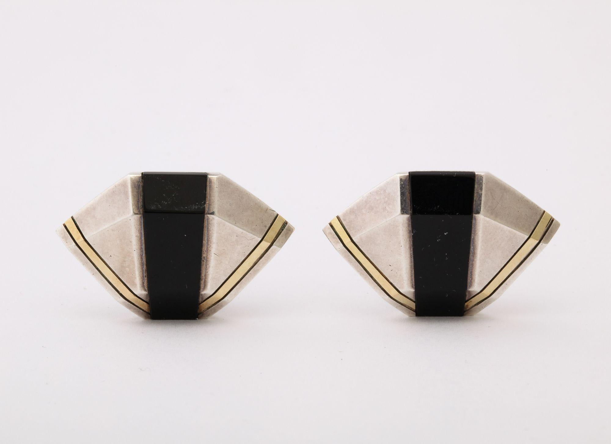 Women's Cartier Geometric Sterling, Onyx and 18 k Gold Clip Earrings For Sale