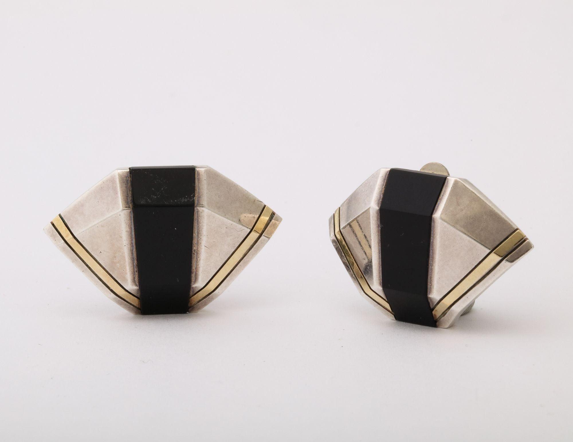 Cartier Geometric Sterling, Onyx and 18 k Gold Clip Earrings For Sale 1