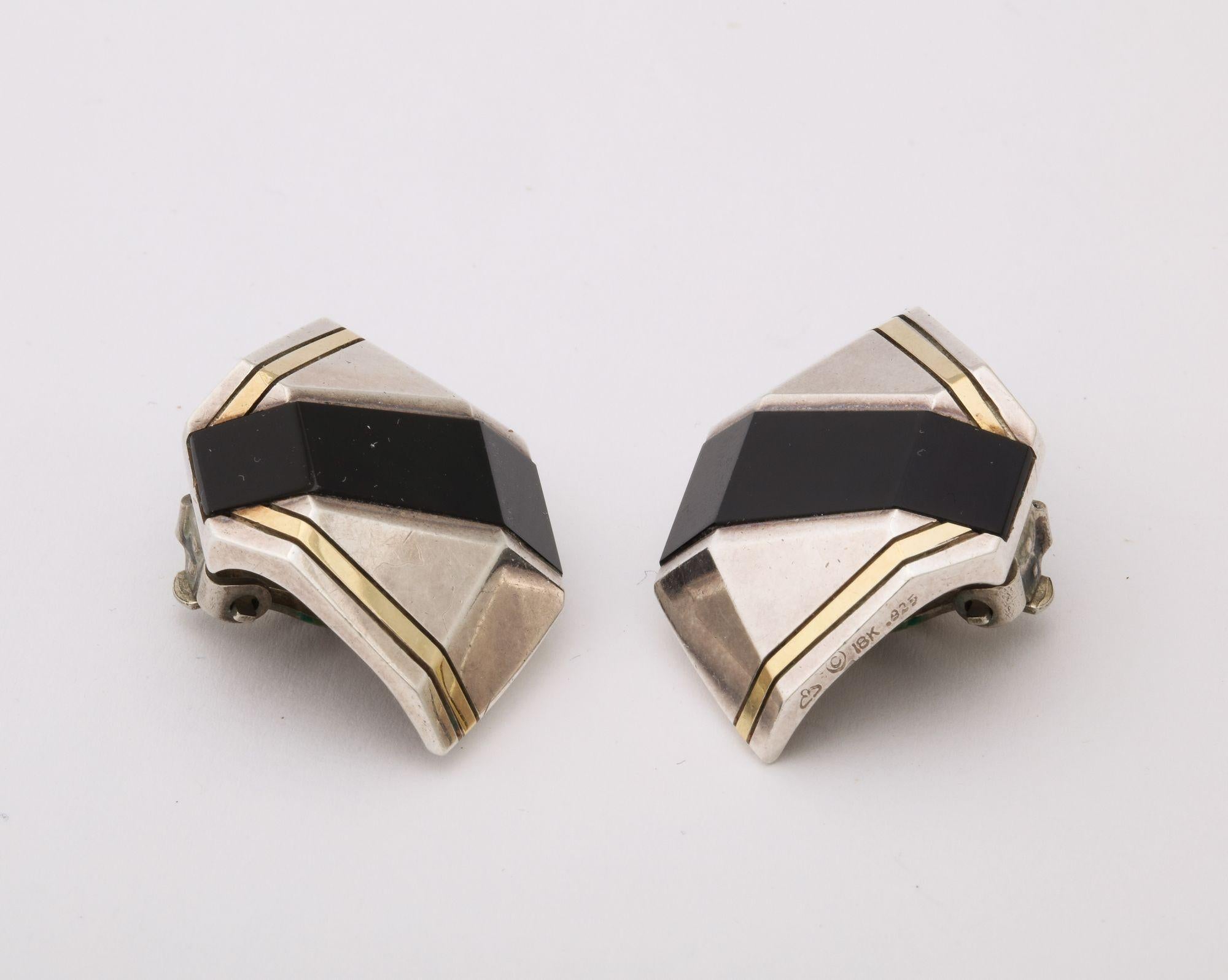 Cartier Geometric Sterling, Onyx and 18 k Gold Clip Earrings For Sale 2