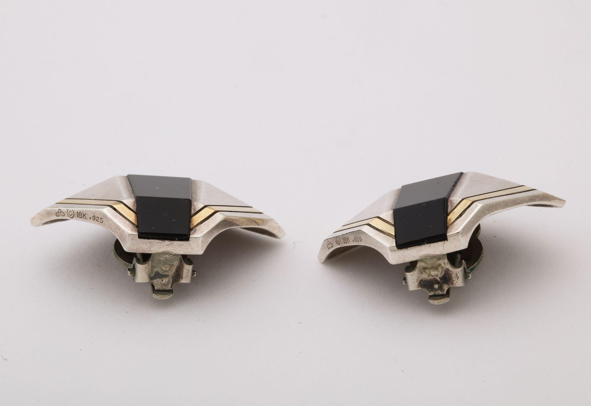 Cartier Geometric Sterling, Onyx and 18 k Gold Clip Earrings For Sale 3