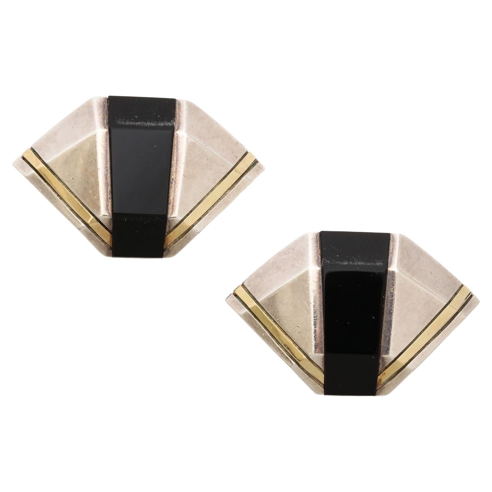 Cartier Geometric Sterling, Onyx and 18 k Gold Clip Earrings