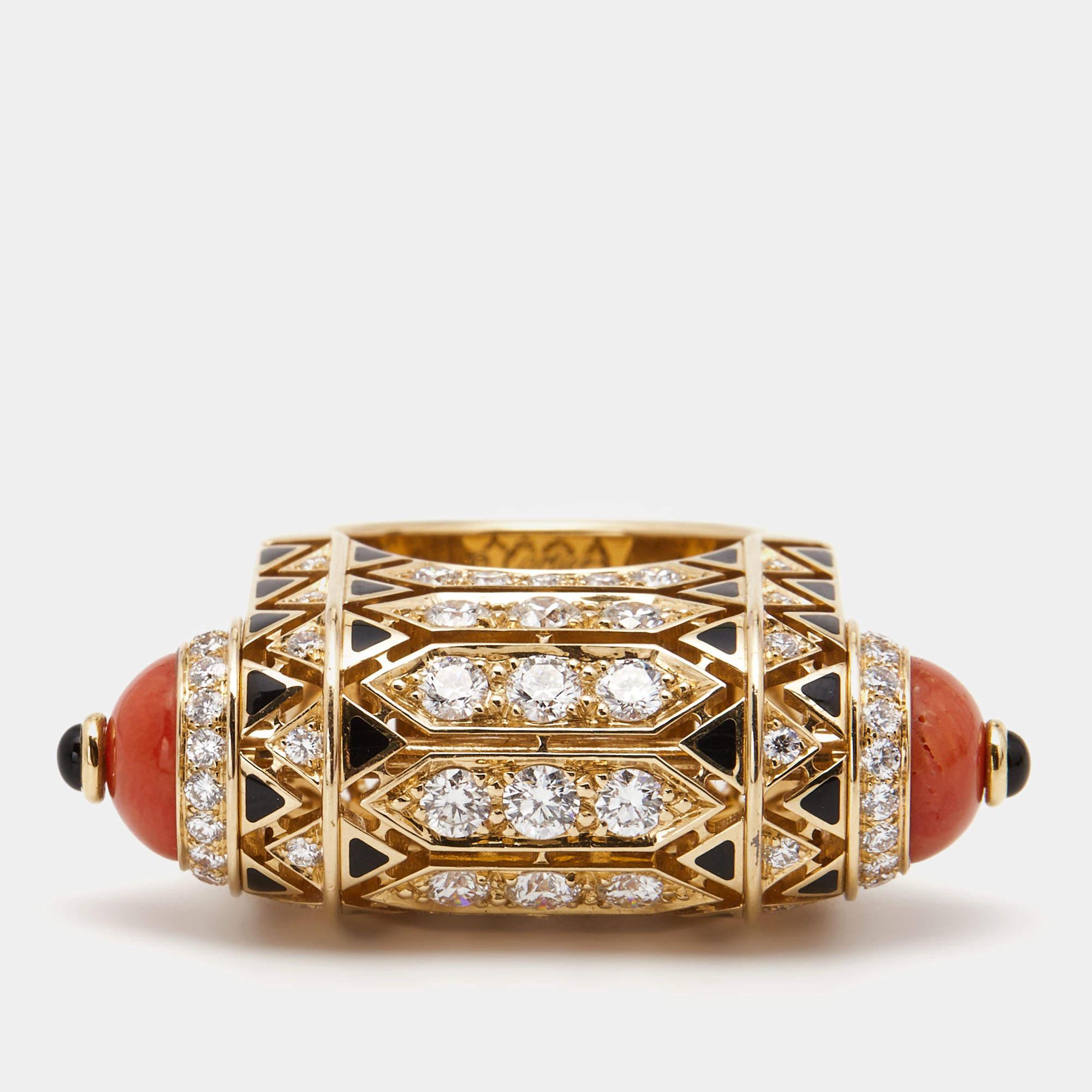 This Cartier cocktail ring is from a collection that plays beautifully with contrasting elements and sculptural lines to create jewels that are modern in appearance and truly classic in spirit. The ring is cast in 18k rose gold, and the design is