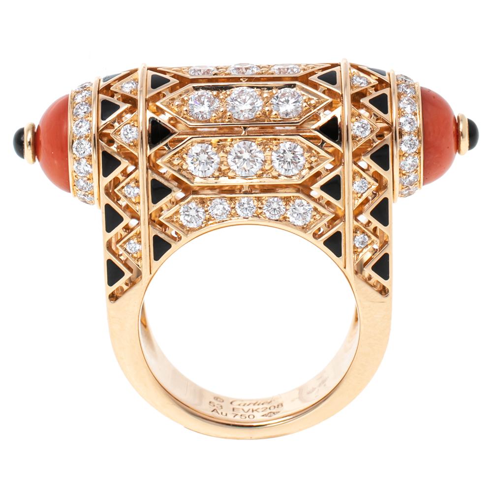 Contemporary Cartier Geometry and Contrast Gemstones Black Lacquer 18k Cocktail Ring Size 53