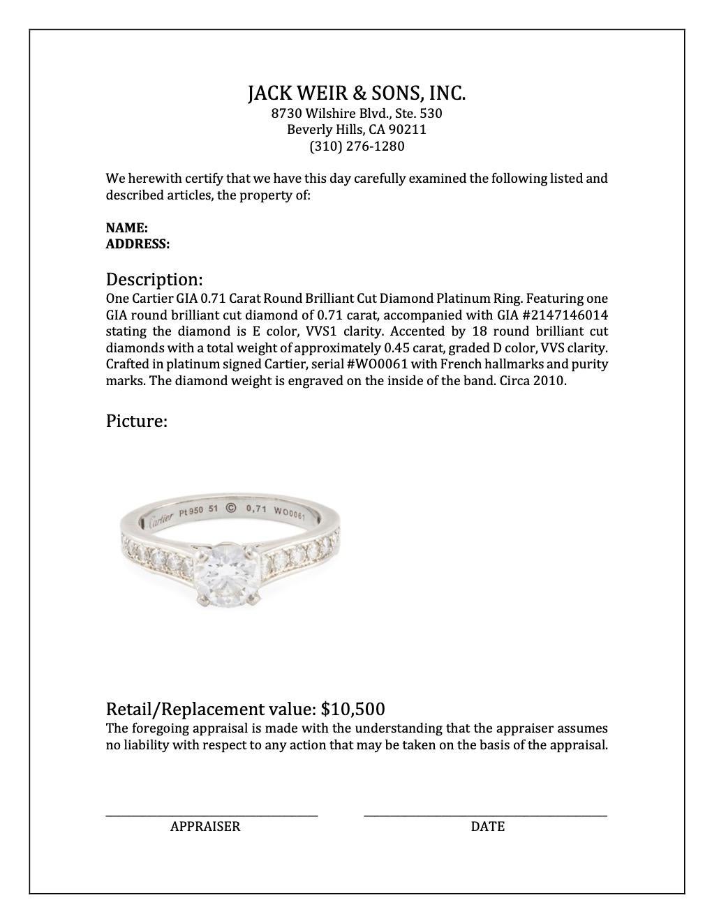 Cartier GIA 0.71 Carat Round Brilliant Cut Diamond Platinum Ring 3