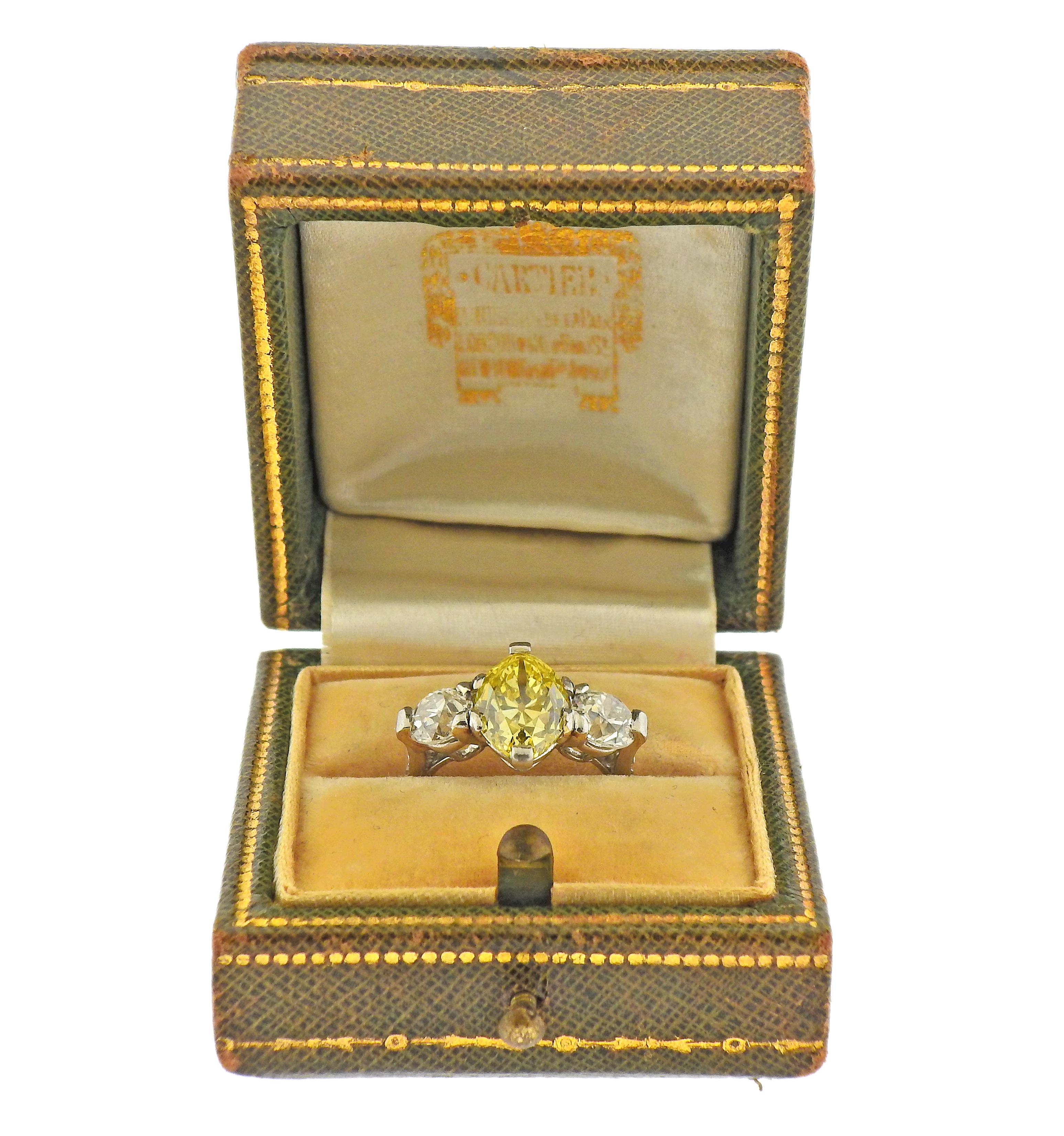 Women's Cartier GIA 3.15 Carat Fancy Vivid Yellow VVS2 Marquise Diamond Engagement Ring