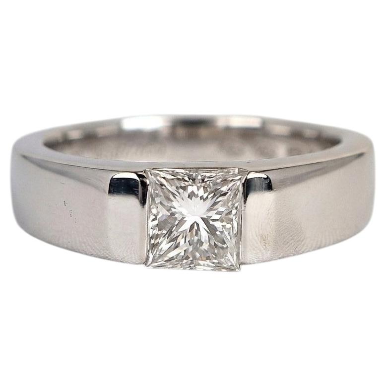Cartier GIA Certified 1 Carat Princess Cut Diamond 18k White Gold Solitaire Ring For Sale
