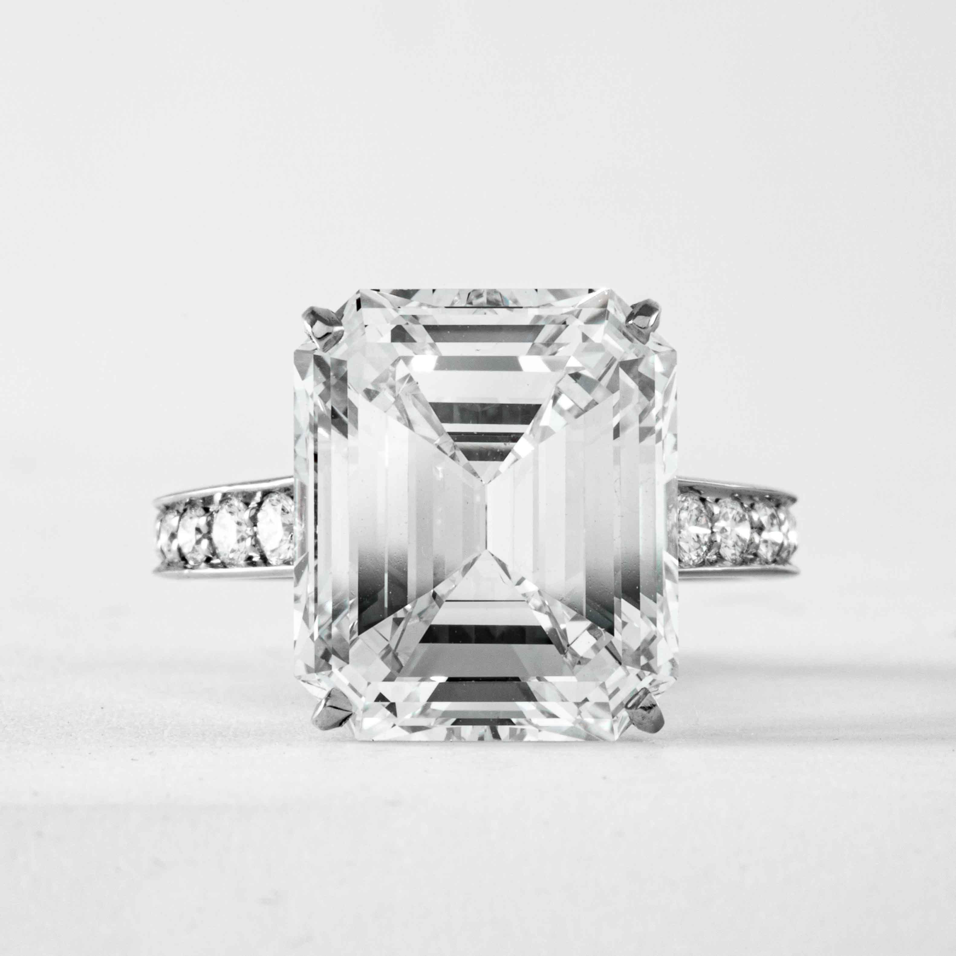 This impressive diamond ring is offered by Shreve, Crump & Low. This 10.29 carat GIA Certified I VS2 emerald cut diamond is custom set in a handcrafted Cartier platinum ring. The 10.29 carat emerald cut center diamond is accented by 18 round
